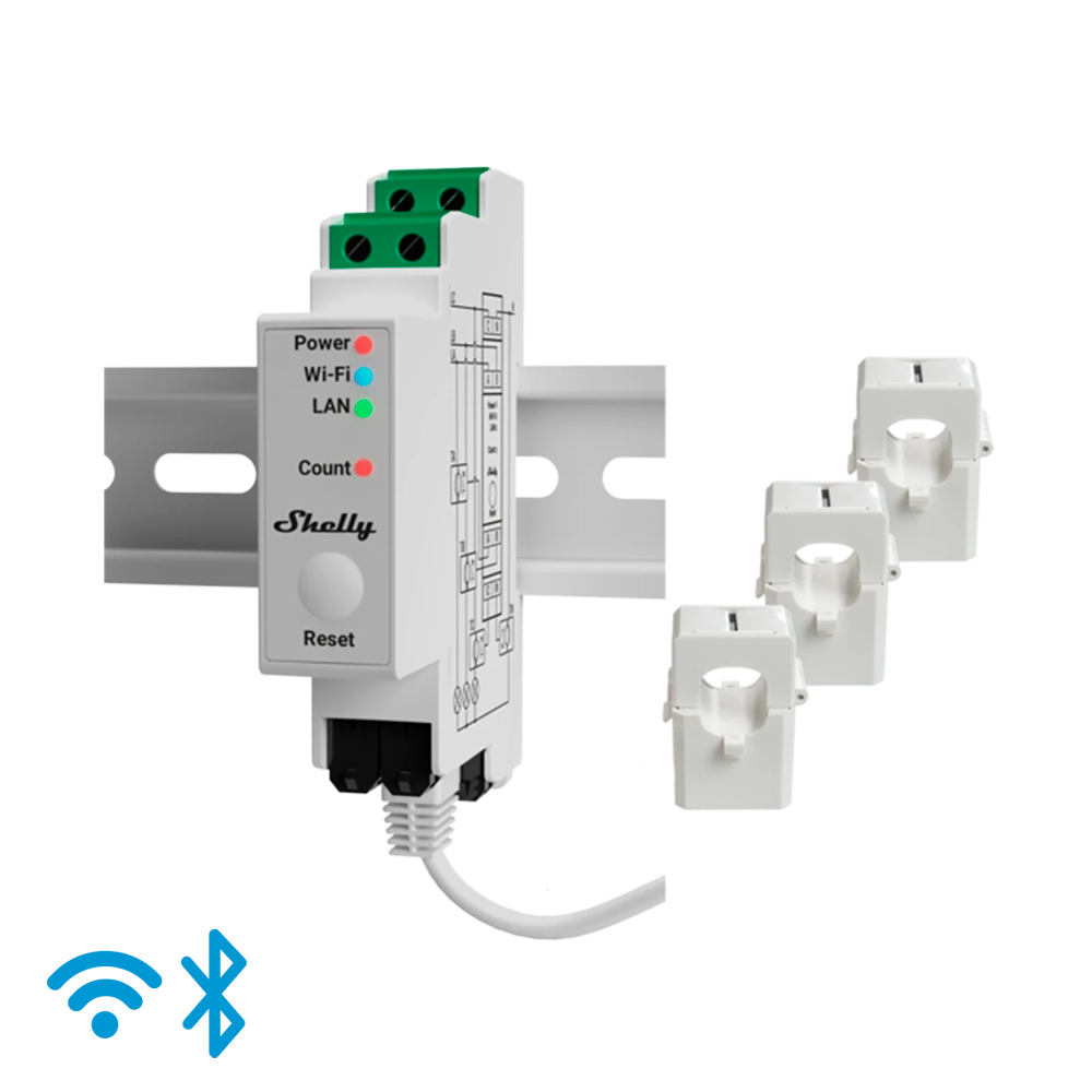 (SH-PRO-3EM-120A) Shelly Pro 3EM 120A - WiFi 2.4 GHz / Bluetooth / LAN - Medidor de consumo - Soporta 110-230 V - Ideal para viviendas - Compatible con Alexa y Google