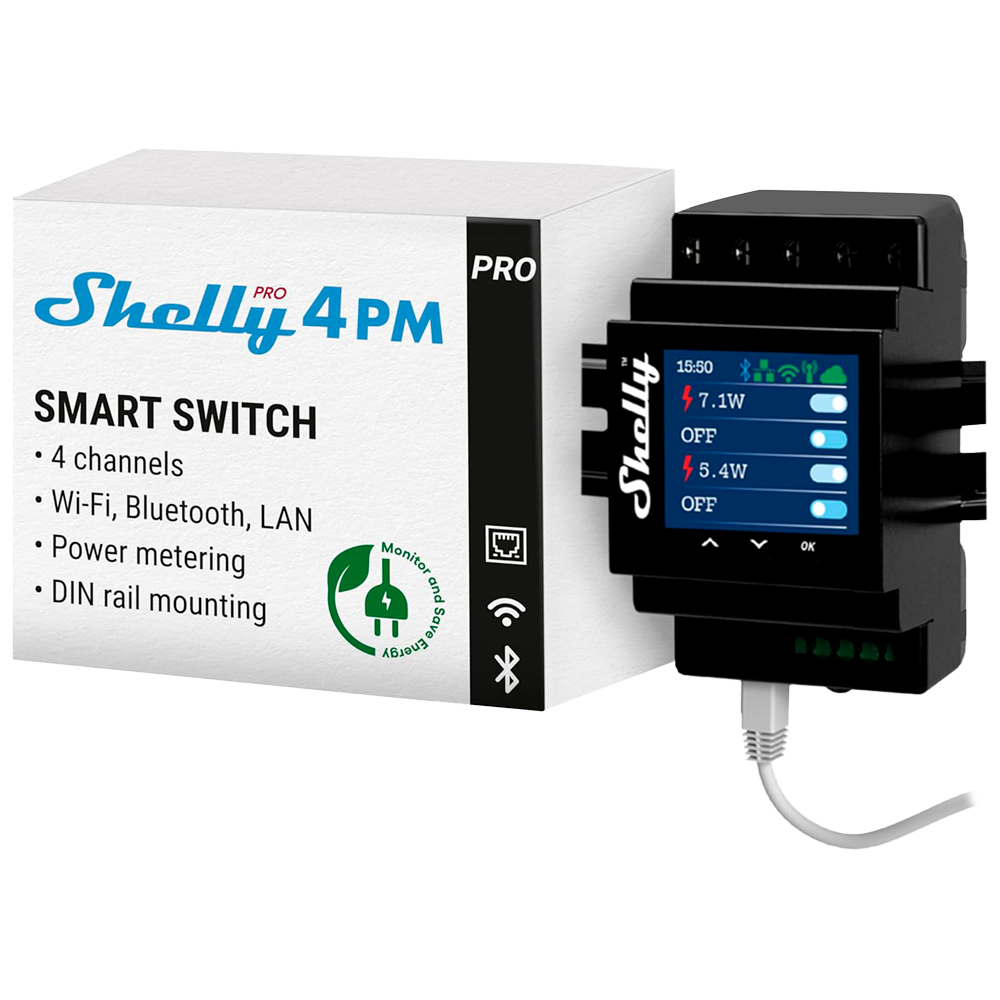 (SH-PRO-4PM) Shelly Pro 4PM - WiFi 2.4 GHz IEEE802.11 b/g/n / Bluetooth -  Interruptor inteligente carril DIN - Soporta 110-240 V - Medidor de potencia - Compatible con Alexa y Google