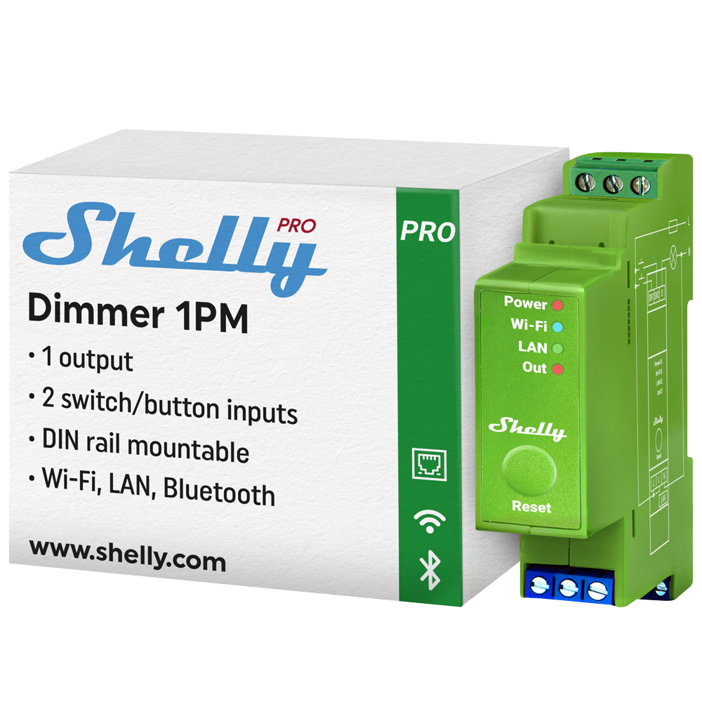 (SH-PRO-DIMMER-1PM) Shelly Pro Dimmer 1PM - WiFi 2.4 GHz IEEE802.11 b/g/n / Bluetooth - Atenuador inteligente carril DIN - Soporta 110-240 V - Medidor de potencia - Compatible con Alexa y Google