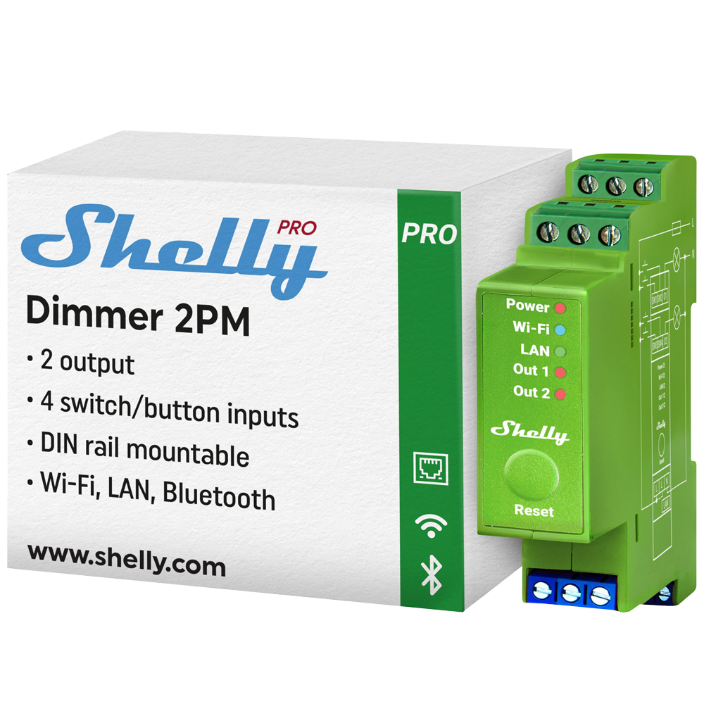 (SH-PRO-DIMMER-2PM) Shelly Pro Dimmer 2PM - WiFi 2.4 GHz IEEE802.11 b/g/n / Bluetooth - Atenuador inteligente carril DIN - Soporta 110-240 V - Medidor de potencia - Compatible con Alexa y Google