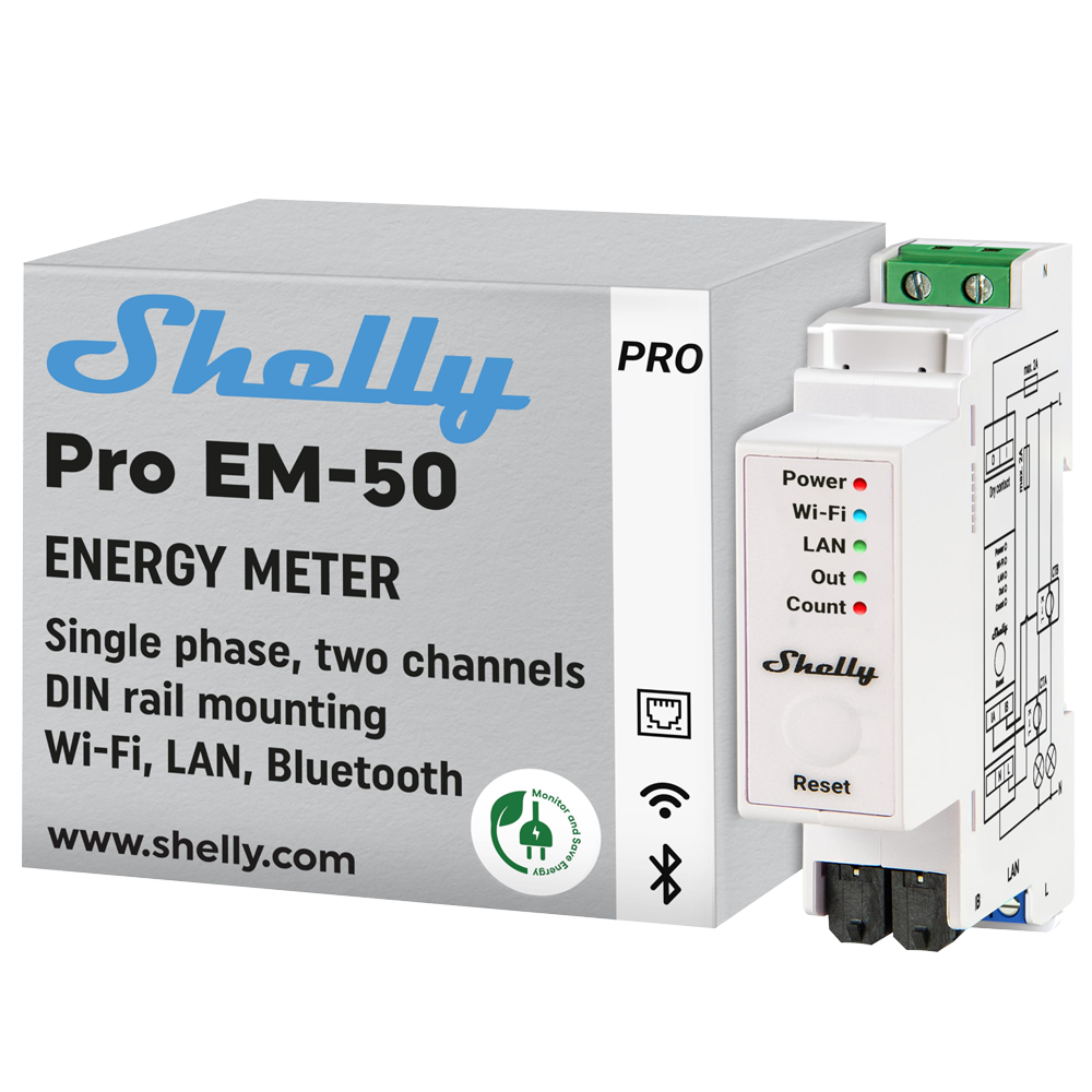 (SH-PRO-EM-50) Shelly PRO EM - 50 - WiFi 2.4 GHz IEEE802.11 b/g/n - Medidor de consumo - Soporta 110-230 V - Ideal para viviendas - Compatible con Alexa y Google