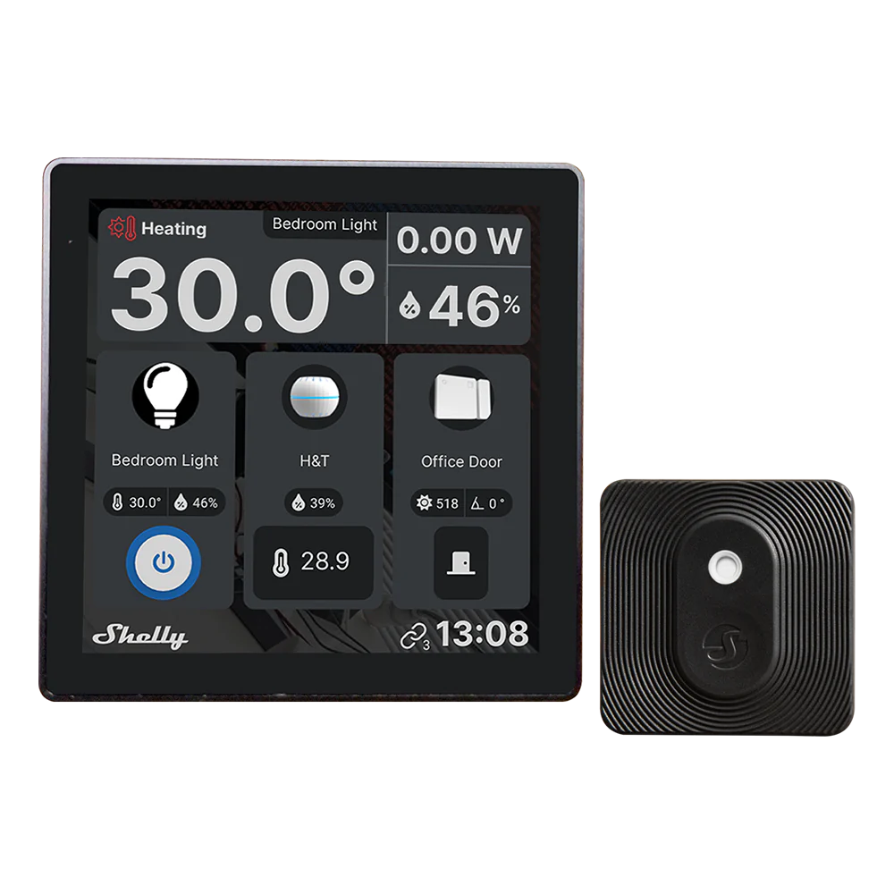 (SH-WALL-DISPLAY-B-BLUHT-B) Shelly Wall Display Negro + BLU H&amp;T Negro - WiFi 2.4 GHz / Bluetooth - Sensor H&amp;T - Resistente al agua y al polvo - Batería de hasta 3 años - Compatible con Alexa y Google