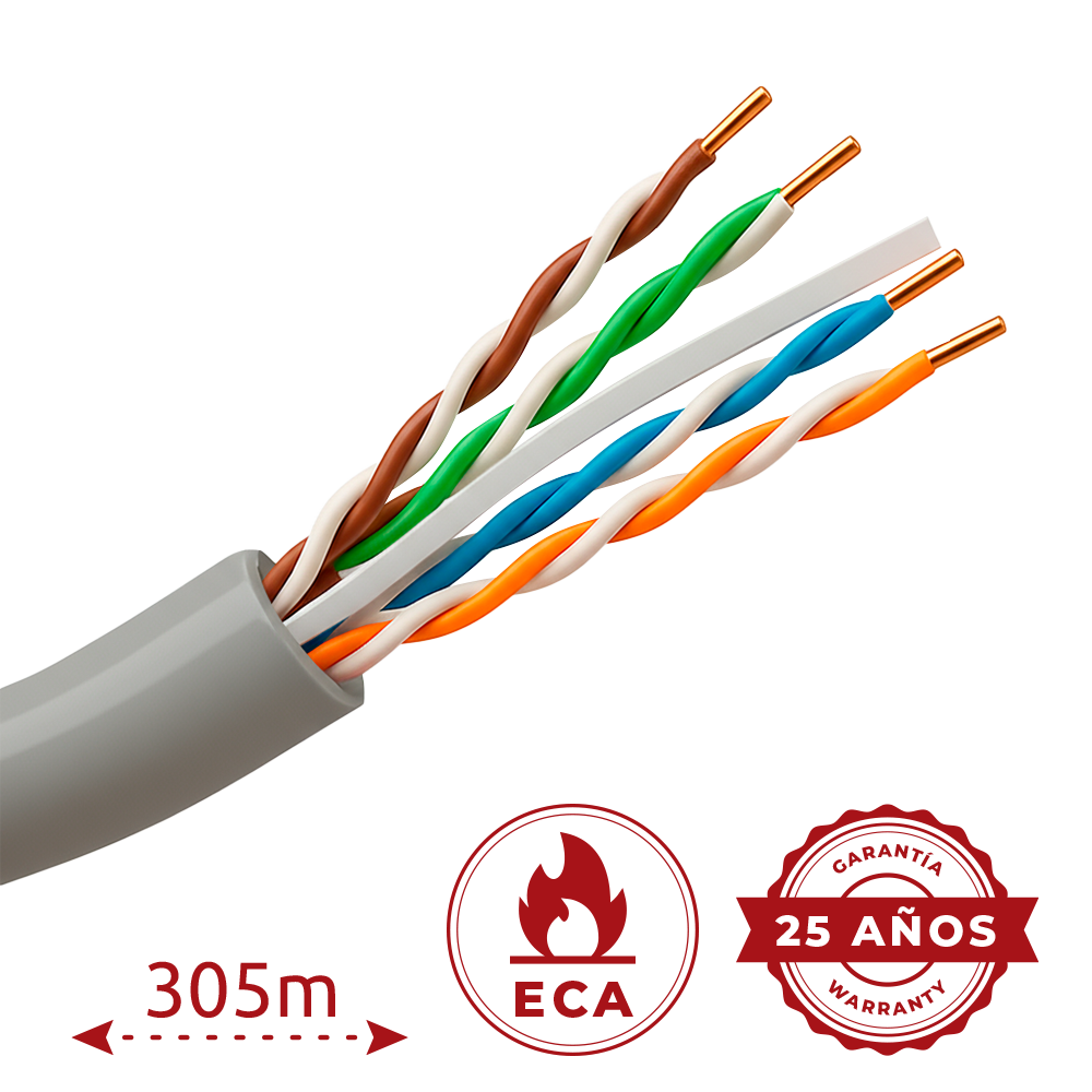 (UTP6-305-BC-PVC-Eca) Câble UTP rigide sans halogène - Catégorie 6 - Conforme au 90m test Fluke - Conducteur OFC, pureté 99.9% cuivre - Bobine de 305 mètres - Diamètre 5.5 mm