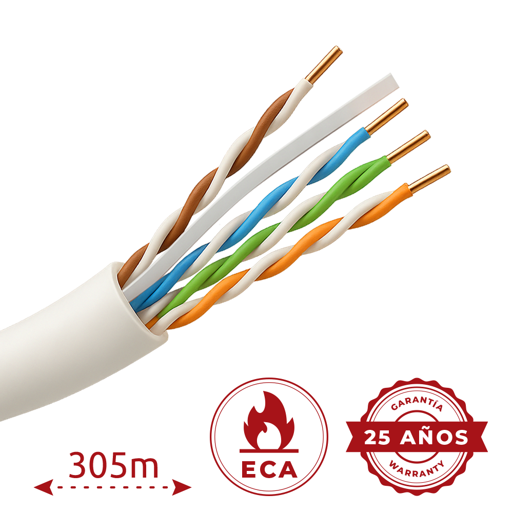 (UTP6-305-PVC-Eca) Cable UTP Safire PVC - Categoría 6 - Cumple con 90m Fluke test - Rollo de 305 metros - Conductor CCA - Diámetro 6.0 mm