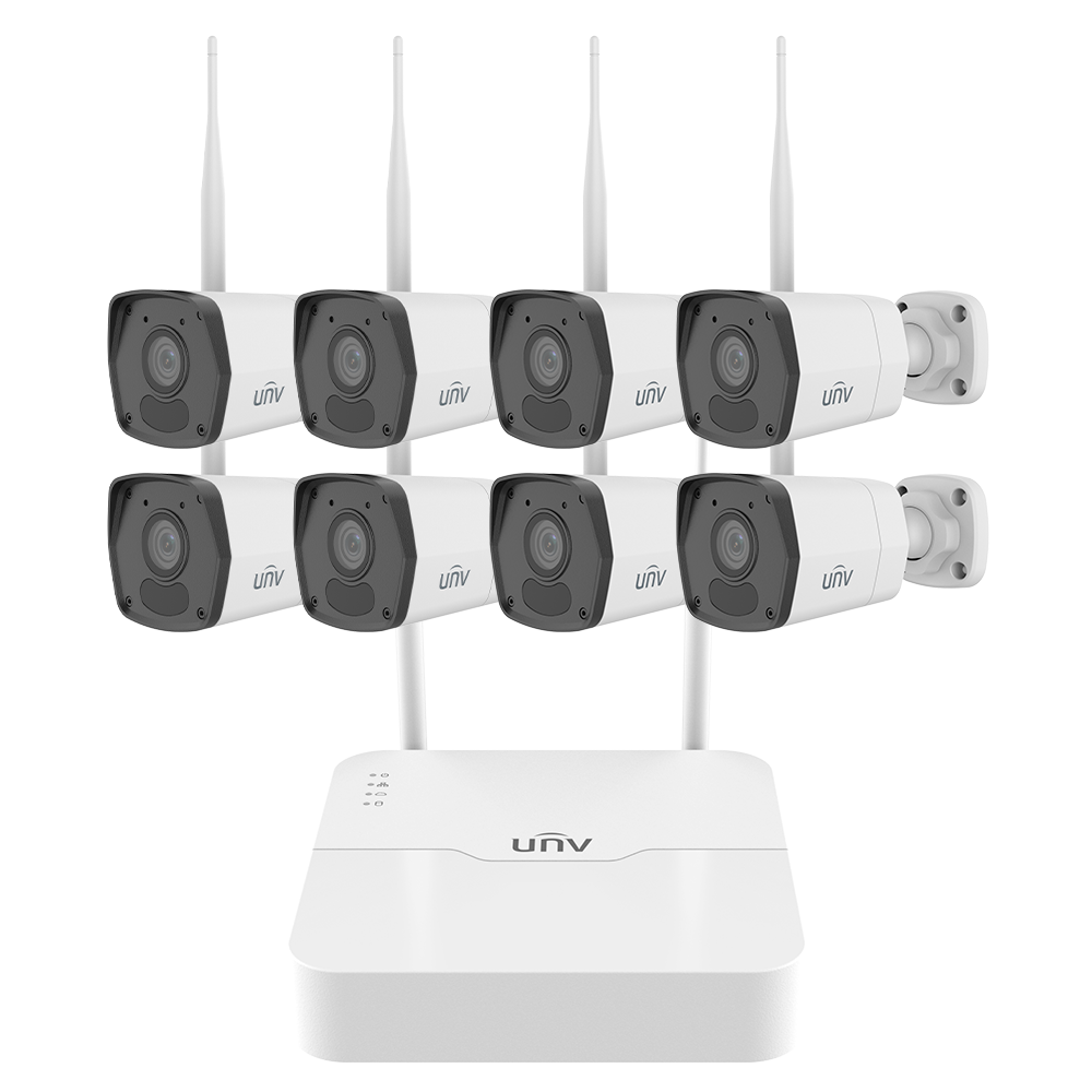 (UV-KIT/NVR301-08S4-LW/8*IPC2122LB-AF28WK-WF) Kit de vidéosurveillance Uniview - Connexion éthernet et WiFi - NVR  8  canaux IP - 8 Caméras bullet IP67 - Plug &amp; Play | Wi-Fi en Cascade - Interface WEB, CMS, Smartphone et NVR