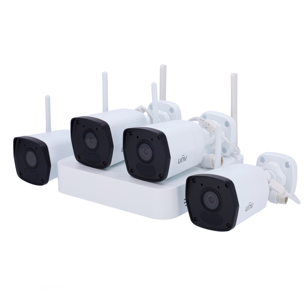 (UV-KIT114-B42W) Kit de vidéosurveillance Uniview - Connexion éthernet et WiFi - NVR  4  canaux IP - 4 Caméras bullet IP67 - Plug &amp; Play | Wi-Fi en Cascade - Interface WEB, CMS, Smartphone et NVR
