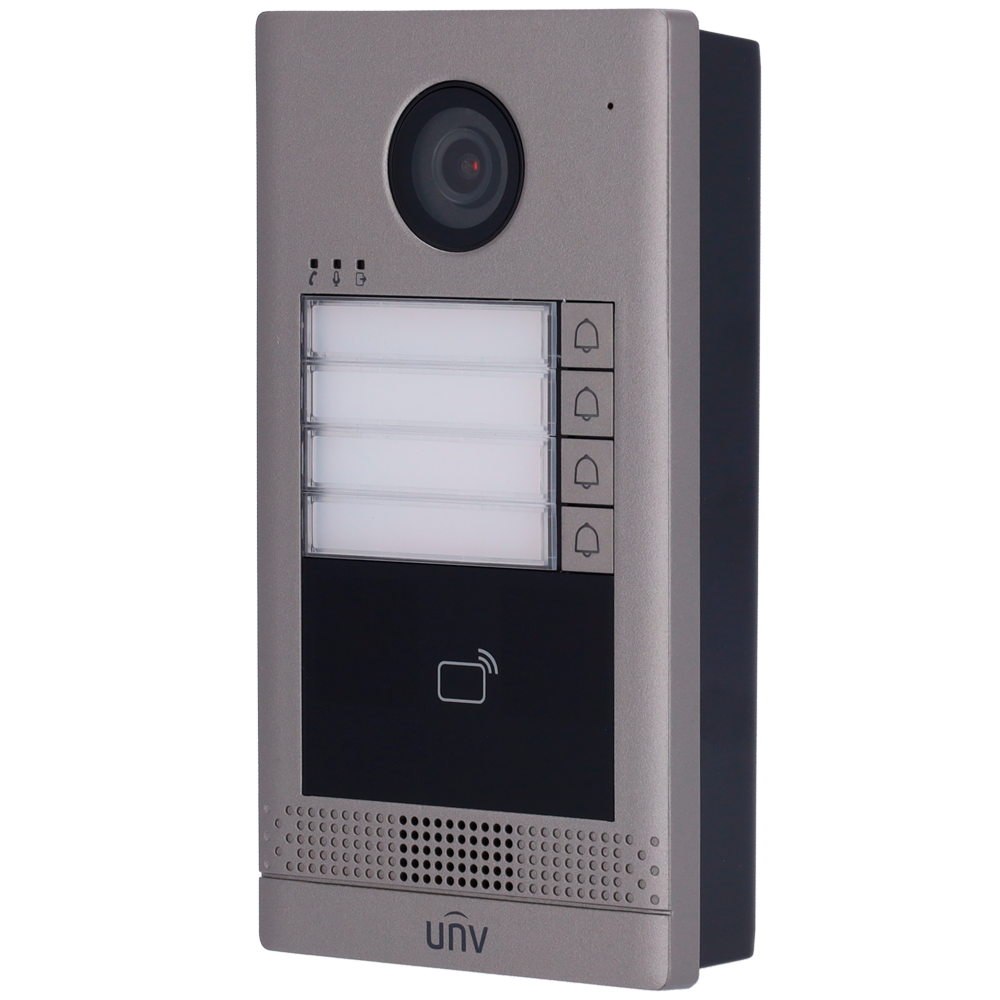 (UV-OEU-202S-HMK4) Portier vidéo IP 4 appartements - Caméra 2 Mpx | Audio bidirectionnel - Ouverture avec carte MF 2 relais - Application mobile avec ou sans moniteur - Convient pour une utilisation en extérieur IP65 | IK08 - Installation en surface | PoE