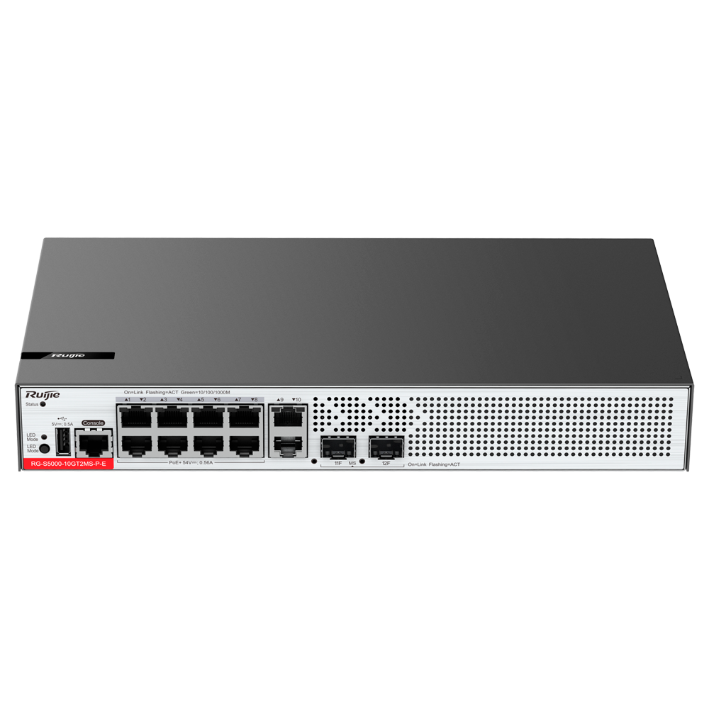 (WIS-S5000-10GT2MS-P-E) WIS Ruijie Switch PoE Cloud Gestionable L2+ - 10 puertos RJ45 GE + 2 puertos SFP 2.5Gigabit - 8 Puertos PoE+ / Hasta 125W potencia total - VLAN/QinQ/STP/RSTP/ACL/QoS/RIP/Static Routes - LACP/DHCP Snooping/IGMP Snooping/802.1x/SNMP - Enrackable