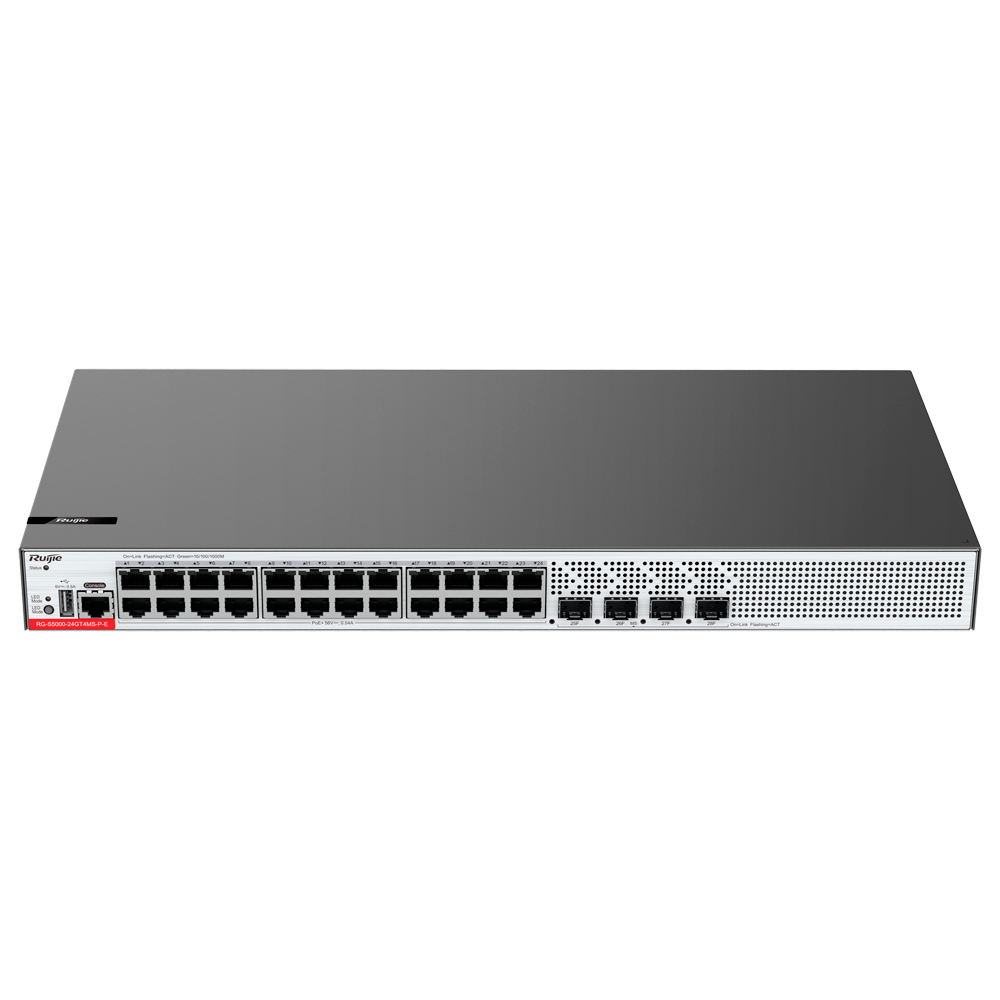 (WIS-S5000-24GT4MS-P-E) WIS Ruijie Switch PoE Cloud Gestionable L2+ - 24 puertos RJ45 GE + 4 puertos SFP 2.5Gigabit - 24 Puertos PoE+ / Hasta 370W potencia total - VLAN/QinQ/STP/RSTP/ACL/QoS/RIP/Static Routes - LACP/DHCP Snooping/IGMP Snooping/802.1x/SNMP - Enrackable