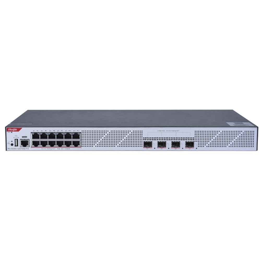 (WIS-S5350-12GT4XS-P-E) WIS Ruijie Switch Cloud Gestionable L3 - 12 puertos PoE RJ45 + 4 puertos SFP+ - 12 Puertos 100/1000M + 4 Puertos 1/10G - VLAN/Port Isolation/STP/RSTP/ACL/QoS/RIP - LACP/DHCP Snoop/IGMP Snoop/RIP/OSPFv2/OSPFv3 - Instalación en rack y escritorio
