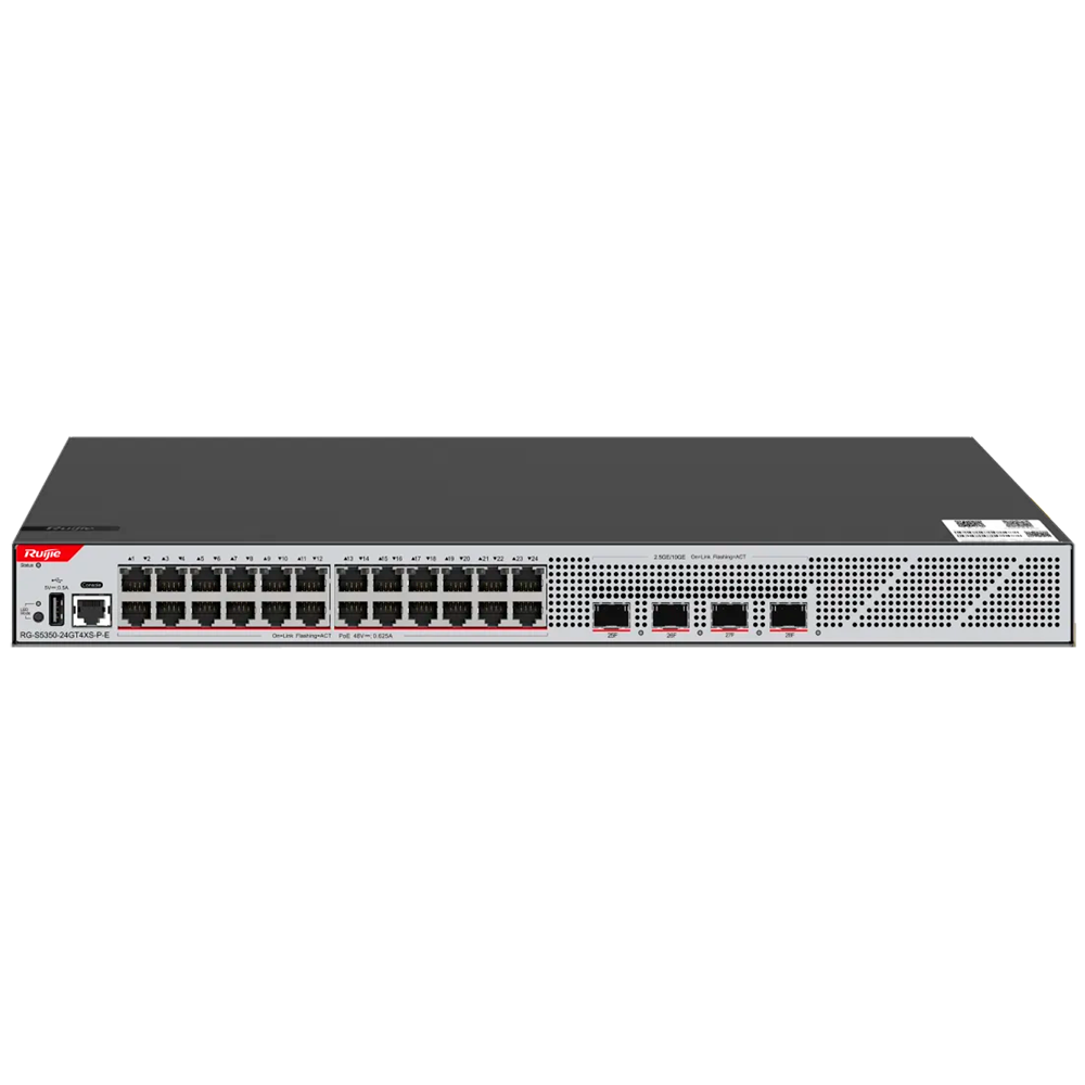 (WIS-S5350-24GT4XS-P-E) WIS Ruijie Switch Cloud Gestionable L3 - 24 puertos PoE RJ45 + 4 puertos SFP+ - 24 Puertos 100/1000M + 4 Puertos 1/10G - VLAN/Port Isolation/STP/RSTP/ACL/QoS/RIP - LACP/DHCP Snoop/IGMP Snoop/RIP/OSPFv2/OSPFv3 - Instalación en rack y escritorio