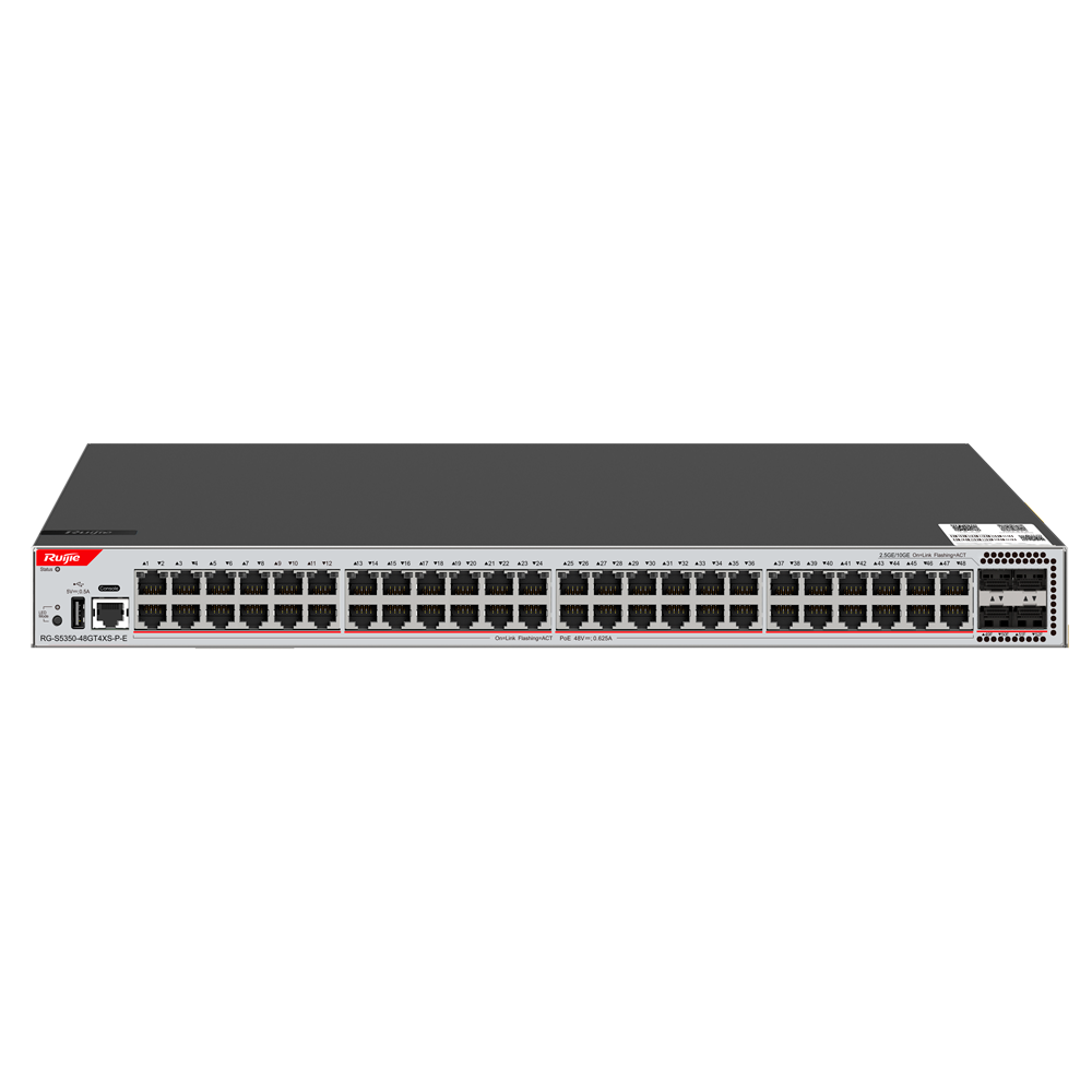 (WIS-S5350-48GT4XS-P-E) WIS Ruijie Switch Cloud Gestionable L3 - 48 puertos PoE RJ45 + 4 puertos SFP+ - 48 Puertos 100/1000M + 4 Puertos 1/10G - VLAN/Port Isolation/STP/RSTP/ACL/QoS/RIP - LACP/DHCP Snoop/IGMP Snoop/RIP/OSPFv2/OSPFv3 - Instalación en rack, escritorio, pared