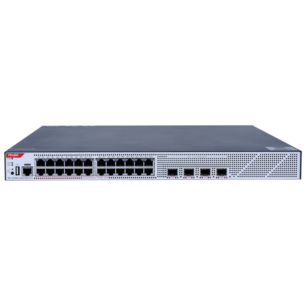 (WIS-S5360-24GT4XS-P-E) WIS Ruijie Switch Cloud Gestionable L3 - 24 puertos PoE RJ45 + 4 puertos SFP+ - 24 Puertos Gigabit + 4 Puertos 10G - VLAN/Port Isolation/STP/RSTP/ACL/QoS/RIP/BGP - LACP/DHCP Snoop/IGMP Snoop/RIP/OSPFv2/OSPFv3 - Enrackable