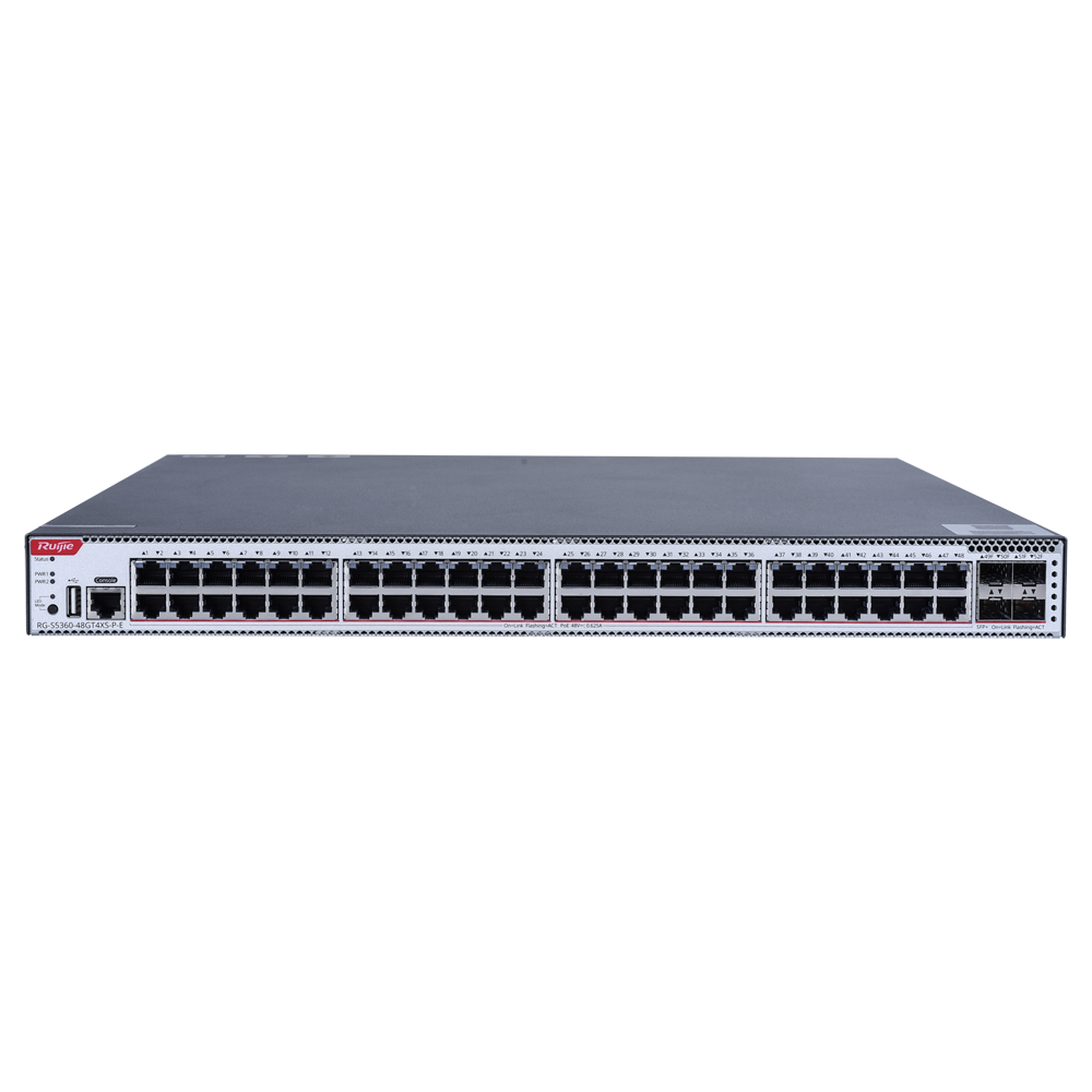 (WIS-S5360-48GT4XS-P-E) WIS Ruijie Switch Cloud Gestionable L3 - 48 puertos PoE RJ45 + 4 puertos SFP+ - 48 Puertos Gigabit + 4 Puertos 10G - VLAN/Port Isolation/STP/RSTP/ACL/QoS/RIP/BGP - LACP/DHCP Snoop/IGMP Snoop/RIP/OSPFv2/OSPFv3 - Enrackable