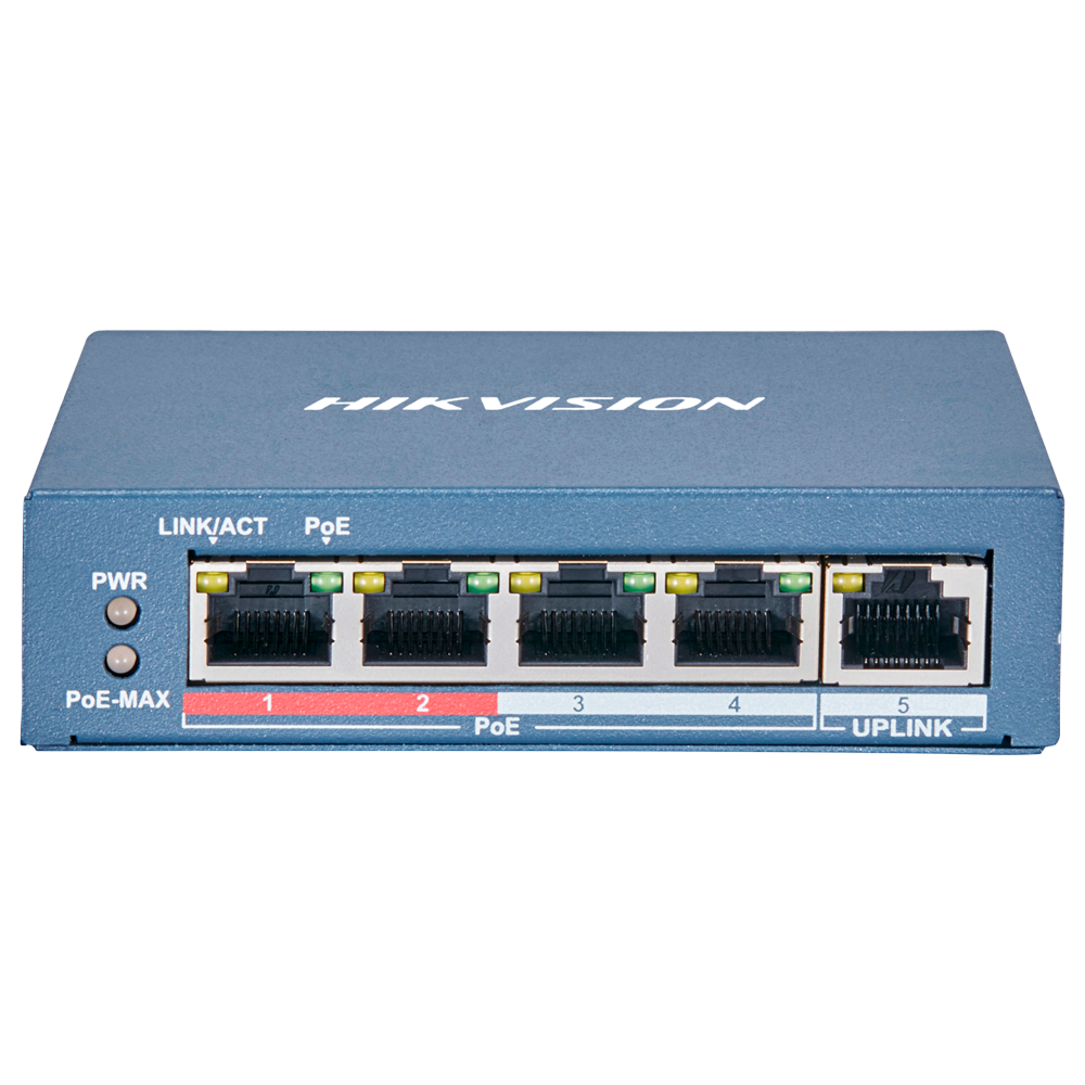(DS-3E0105P-E(B)) Switch de bureau Hikvision - 4 ports PoE + 1 port Uplink (RJ45) - Vitesse 10/100 Mbps - Jusqu'à 65W au total pour tous les ports - Compatible avec PoE IEEE802.3af/at