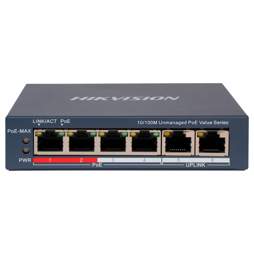 (DS-3E0106P-E/M(B)) Switch de bureau Hikvision - 4 ports PoE + 2 port Uplink (RJ45) - Vitesse 10/100 Mbps - Jusqu'à 45W au total pour tous les ports - Compatible avec PoE IEEE802.3af/at