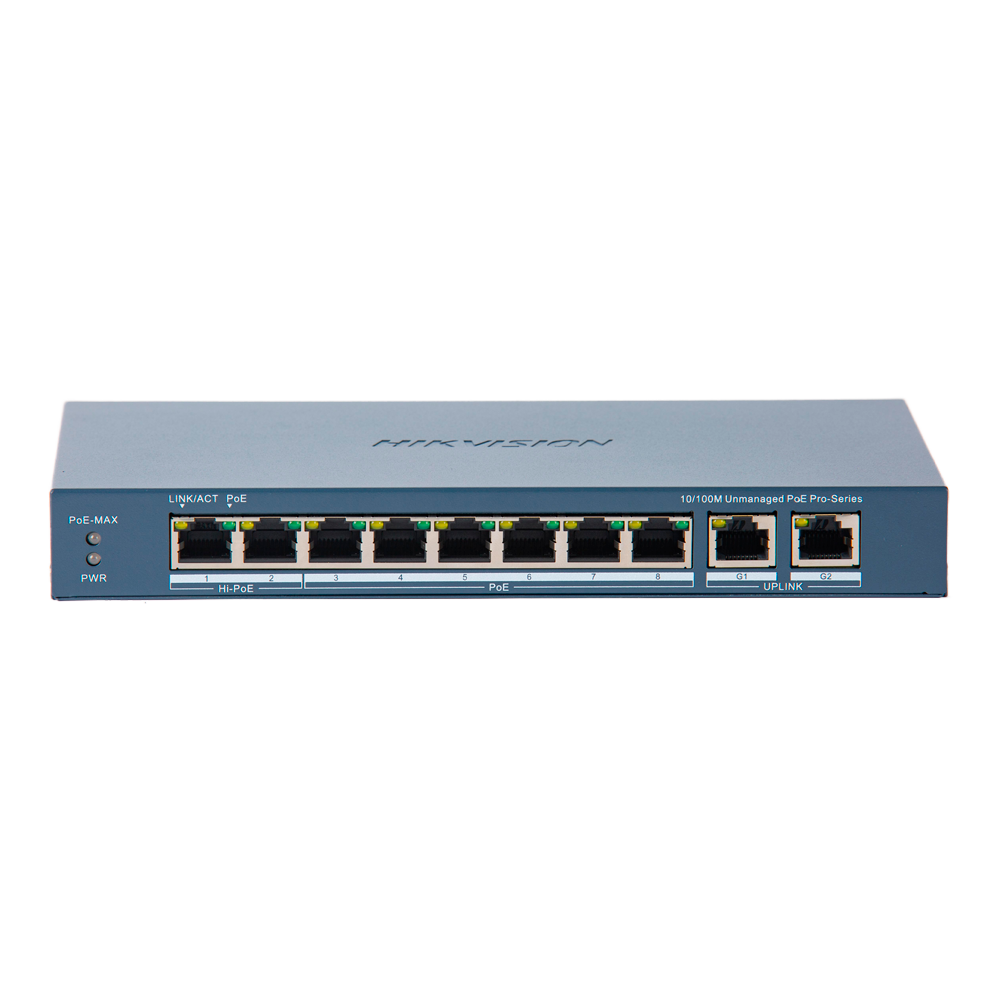 (DS-3E0310HP-E(C)) Switch PoE Hikvision - 8 puertos 10/100 Mbps PoE + 2 Gigabit RJ45 - 2 Puerto PoE++ 802.3bt - Hasta 110W de Potencia PoE Total - Instalación en pared o sobremesa - PoE Watchdog &amp; Port Isolation