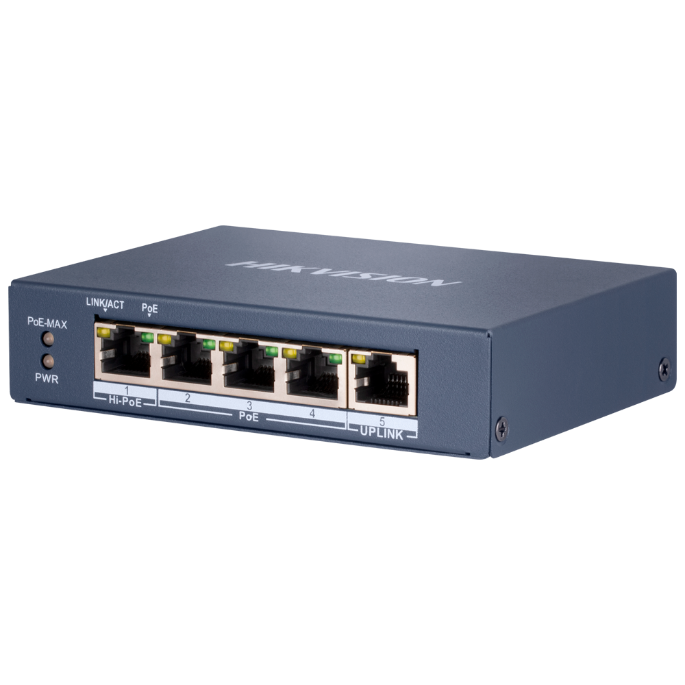 (DS-3E0505HP-E) Switch PoE Hikvision - 4 RJ45 Gigabit + 1 liaison uplink Gigabit RJ45/SFP - 3 PoE+ 802.3af/at + 1 Hi-PoE 802.3af/at/bt - Jusqu'à 60w Puissance PoE totale - PoE Étendu / PoE Watchdog / Port Isolation - Installation sur le bureau
