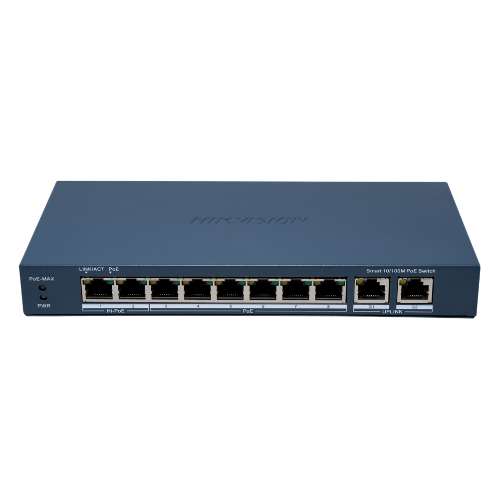 (DS-3E1310HP-EI(B)) Switch Manageable HiPoE Hikvision - 8 ports PoE 802.3af/at + 2 Uplink RJ45 - 8 RJ45 10/100 Mbps + 2 RJ45 10/100/1000 Mbps -  802.3af/at/bt / Maximum 110W - VLAN/Isolation du port/Dértection de boucle/LLDP - Agrégation de liens/PoE Watchdog/SNMP