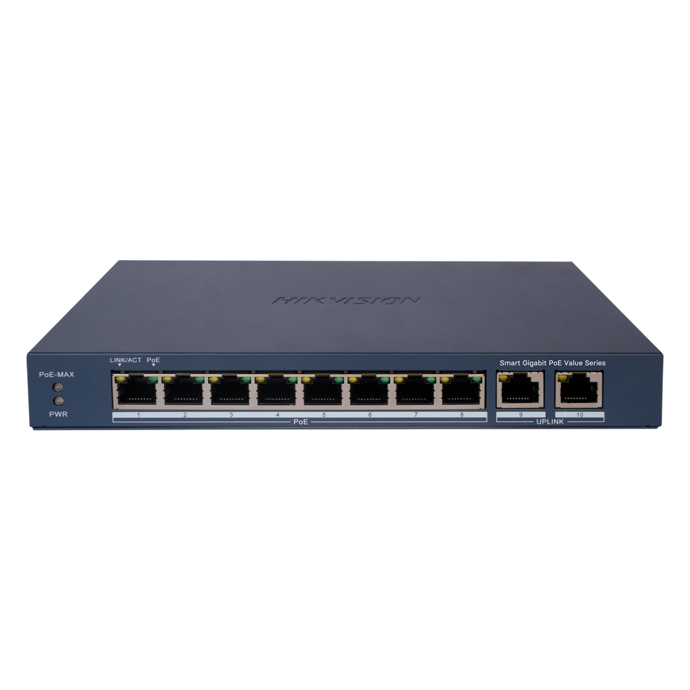(DS-3E1510P-EI/M) Switch PoE Manageable Hikvision - 8 ports PoE 802.3af/at + 2 Uplink RJ45 - 8 RJ45 10/100/1000 Mbps + 2 RJ45 10/100/1000Mbps -  802.3af/at / Maximum 60W - VLAN/Isolation du port/Dértection de boucle/LLDP - Agrégation de liens/PoE Watchdog/SNMP