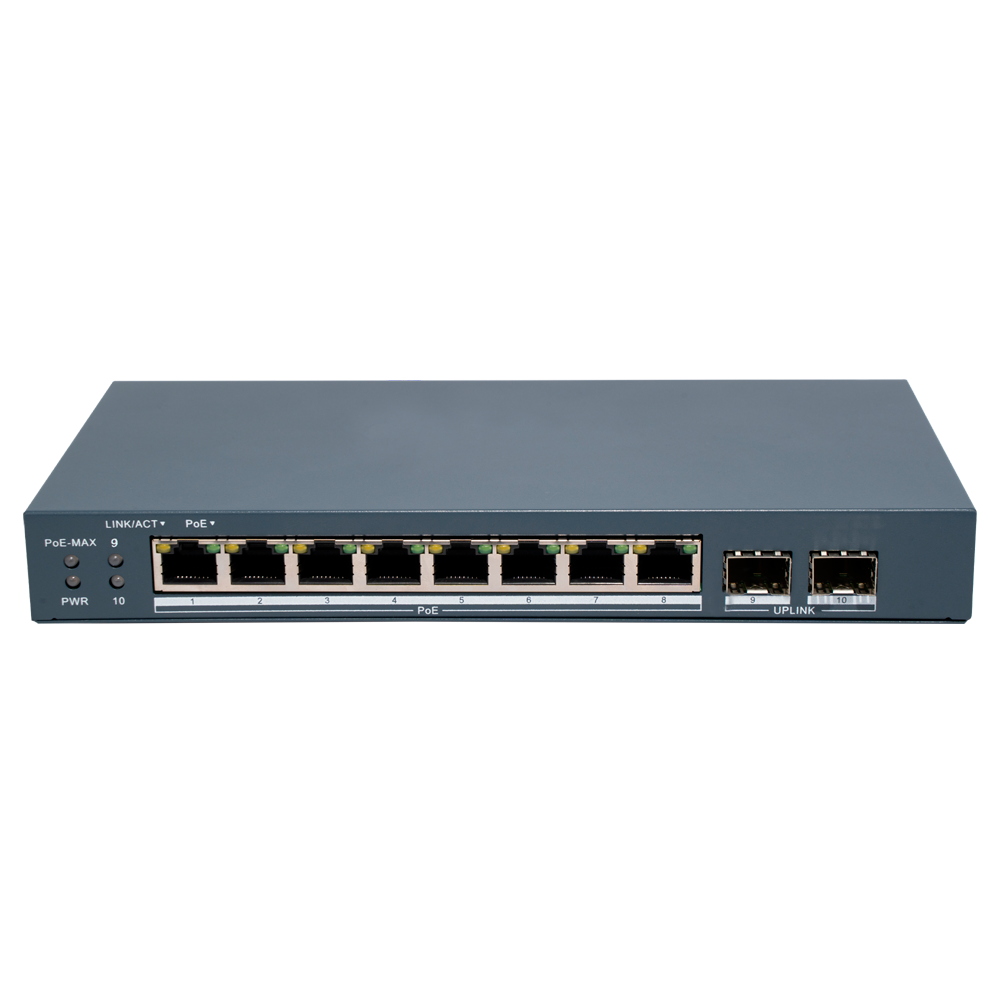 (DS-3E1510P-EI/M-8P2F) Switch PoE Manageable Hikvision - 8 ports PoE 802.3af/at + 2 SFP - 8 RJ45 10/100/1000 Mbps + 2 SFP -  802.3af/at / Maximum 80W - VLAN/Isolation du port/Dértection de boucle/LLDP - Agrégation de liens/PoE Watchdog/SNMP