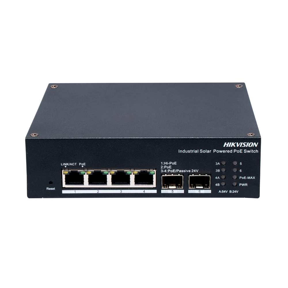 (DS-3T1506HP-EI-UPS) Hikvision Switch Industrial PoE Cloud Capa 2 - 4 puertos PoE+ Gigabit + 2 puertos SFP Gigabit - Compatible 802.3af/at/bt  / Máximo 110W - Static LAG/DHCP Snoop/IGMP Snoop/Port Mirror - VLAN/Loop Prevention/STP/RSTP/ACL/Watchdog - Montaje en carril DIN
