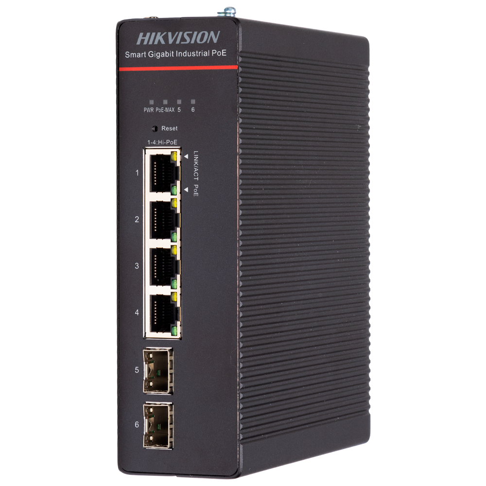 (DS-3T1506HP-SI-4P2F) Hikvision Switch Industrial PoE Cloud Capa 2 - 4 puertos PoE++ Gigabit + 2 puertos SFP Gigabit - Compatible 802.3af/at/bt  / Máximo 300W - Static LAG/DHCP Snoop/IGMP Snoop/Port Mirror - VLAN/Loop Prevention/STP/RSTP/ACL/Watchdog - Montaje en carril DIN