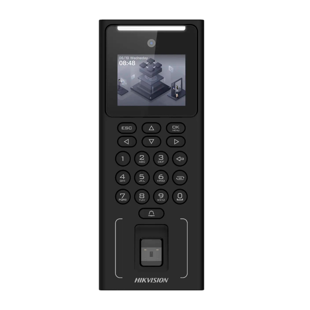 (DS-K1T321MFWX) Contrôle d´accès et de présence - Visage, empreinte digitale, carte MF et PIN - 500 utilisateurs | 150.000 registres - TCP/IP, WiFi, USB et RS485 - 2.4" TFT | Contrôleur intégré - iVMS-4200 | Hik-Connect