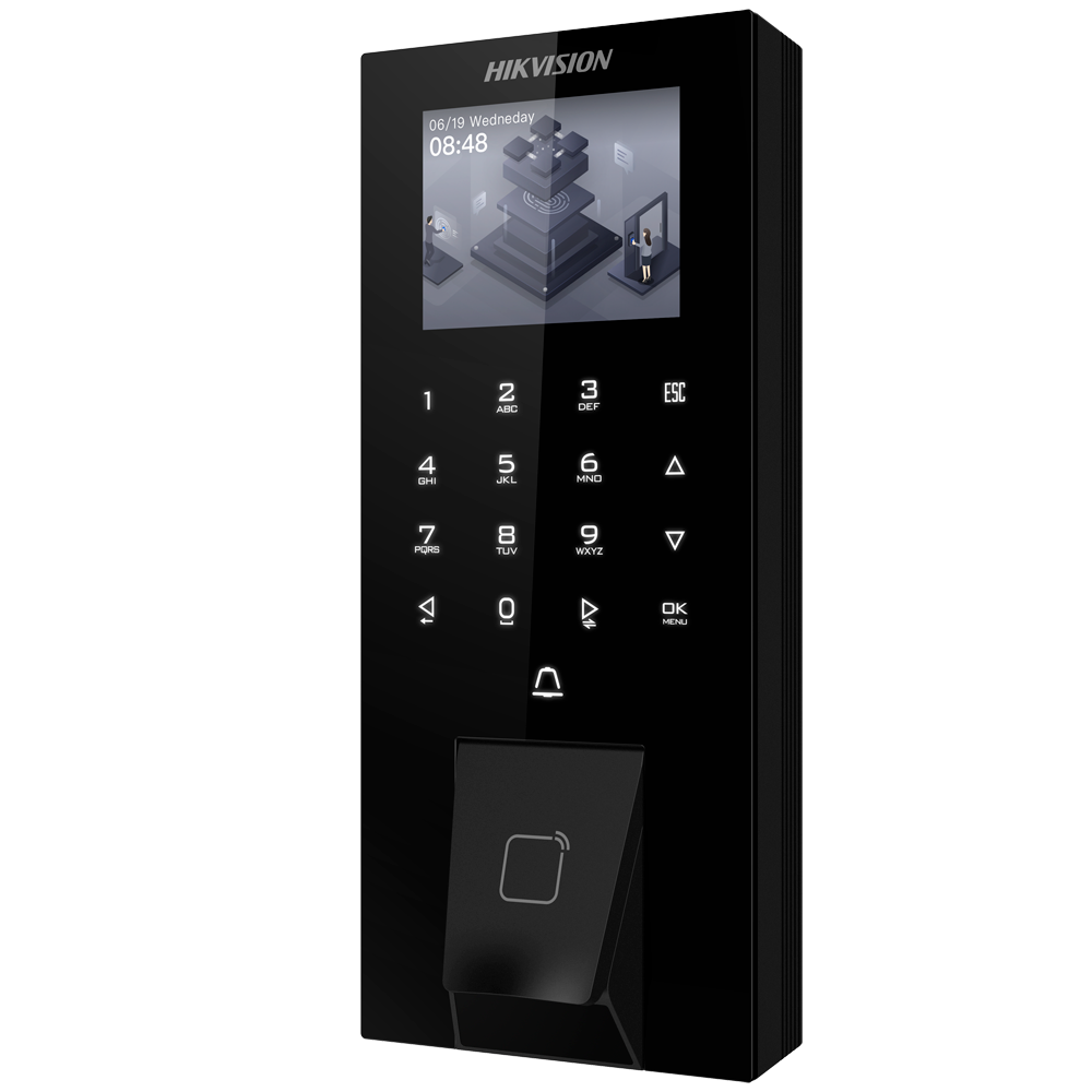 (DS-K1T807MBFWX-E1) Contrôle d'accès et de présence du PoE IP65 - Empreinte digitale, carte MF et PIN - 5.000 utilisateurs | 150.000 registres - TCP/IP, WiFi, USB, RS485 et Wiegand - 2.4" TFT | Contrôleur intégré - iVMS-4200 | Hik-Connect