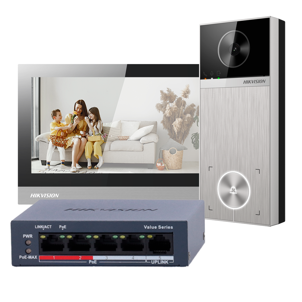 (DS-KIS613-S) Kit de videoportero 4 Mpx - Tecnología IP &amp; WiFi | Switch PoE - Placa y monitor | Permite 16 monitores más - Bluetooth | PoE - App móvil con P2P | Relés internos en monitor - Montaje sobre superficie | IP65