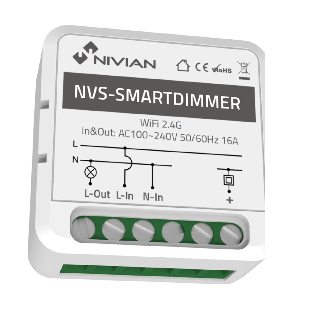 (NVS-SMARTDIMMER) Module régulateur de la gamme 1 - Wi-Fi 2.4 GHz / Bluetooth auto-ajouté - Pour ampoules réglables / Charge maximale 10A - Connexion pour régulateur existant - Compatible avec TUYA Smart - Compatible avec Alexa et Google Assistant