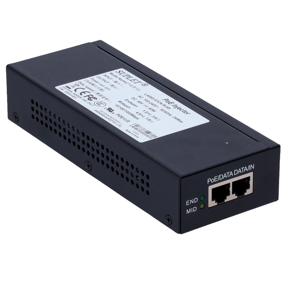 (POE,LAS60-57CN-RJ45,60W) Injecteur PoE - Entrée/Sortie RJ45 10/100/1000 Mbps - Puissance 60 W - Distance maximale 100 m - PoE/PoE+/Hi-PoE IEEE802.3af/at/bt