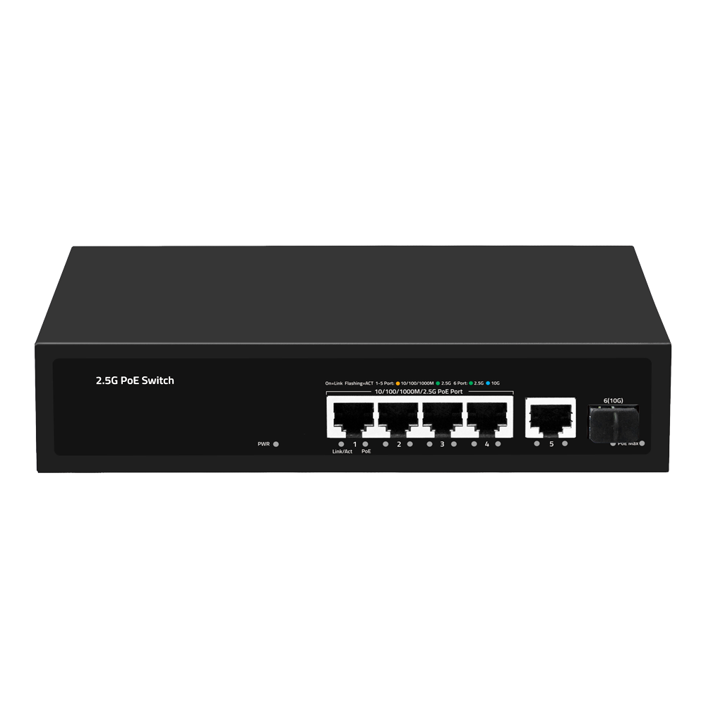 (SW64HIPOE-2AZCXF-60) Switch PoE Multigagibit 2,5Gbps - 4 PoE + 1 Uplink Rj45 1/2,5G+ 1 Uplink SFP+ 10G  - Velocidad de puertos 2,5/1Gbps  - 4 Puertos PoE+ 30W  - PoE Watchdog - Hasta 65W Potencia PoE total