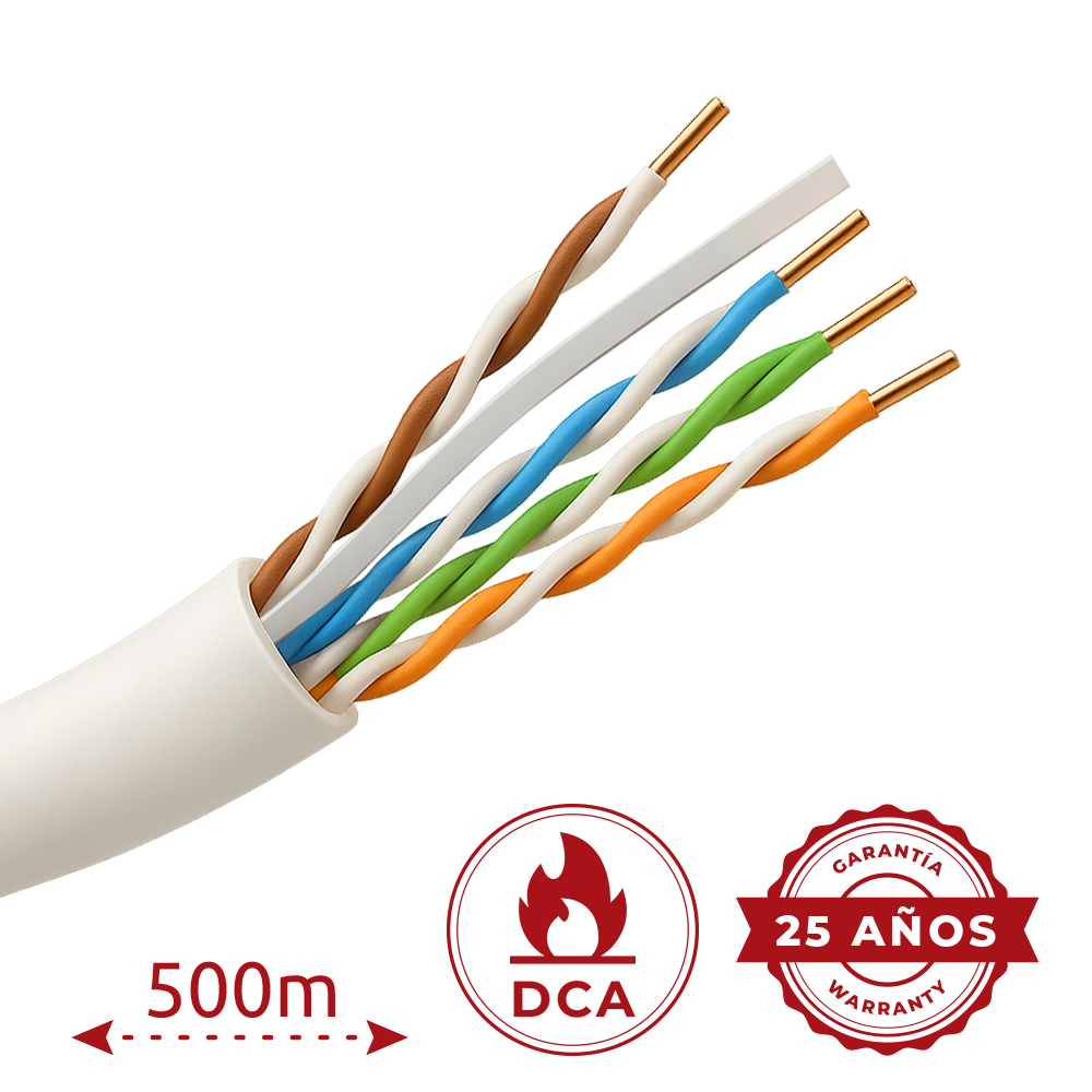 (UTP6A-500-H-Dca) Safire cable UTP Categoría 6A - Conductor OFC,100% cobre - Diámetro 23 AWG-0,55mm - Certificado CPR: Dca-S1,d2,a1 - Cubierta exterior LSZH / Color Gris-blanco -  Se suministra en bobina de madera de 500m
