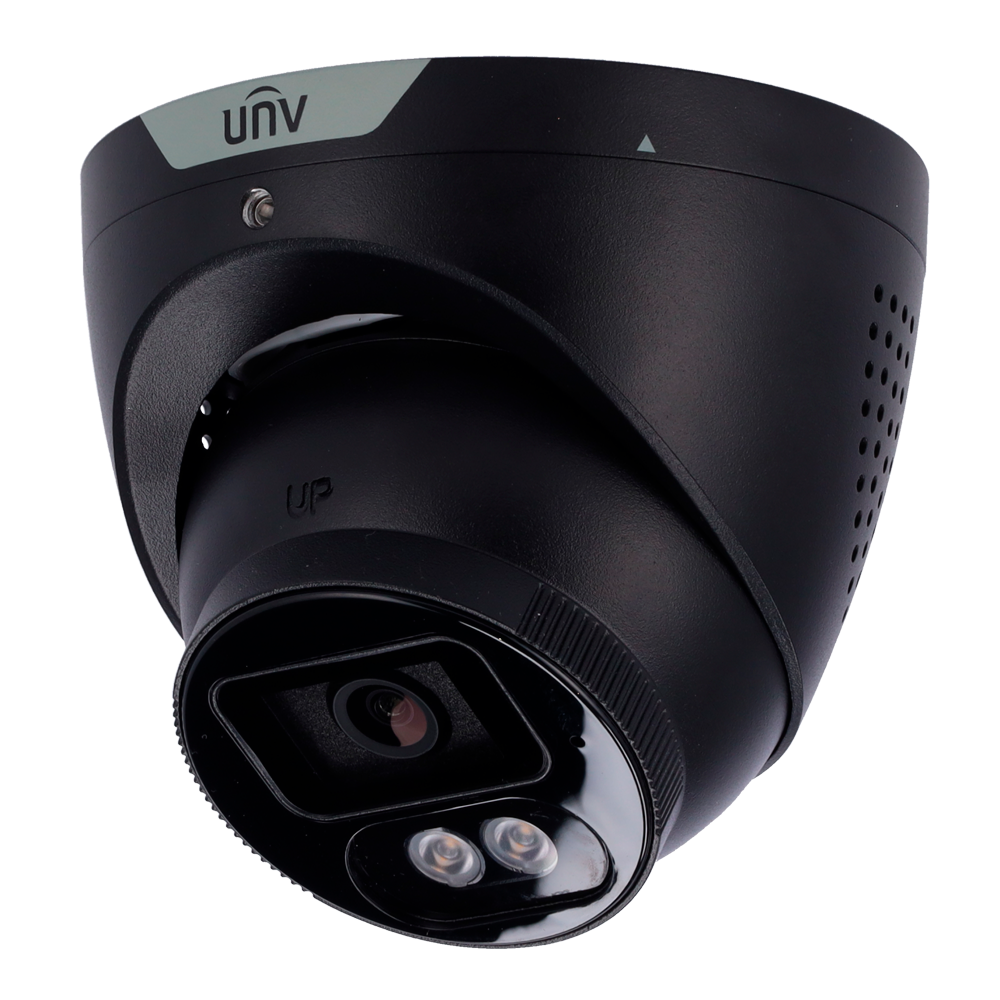 (UV-IPC3614SB-ADF28KMC-I1-BLACK) Cámara Turret IP Uniview - Gama Prime - 4 MP | Lente 2.8 mm | microSD 512 GB - IR 30m | Luz blanca 30 m | WDR 130 dB  - Tri Guard | Wise-ISP - PoE | SIP | UMD | IP67 | Conteo de personas - MIC | Altavoz | Luz disuasoria | Alarmas | Negro
