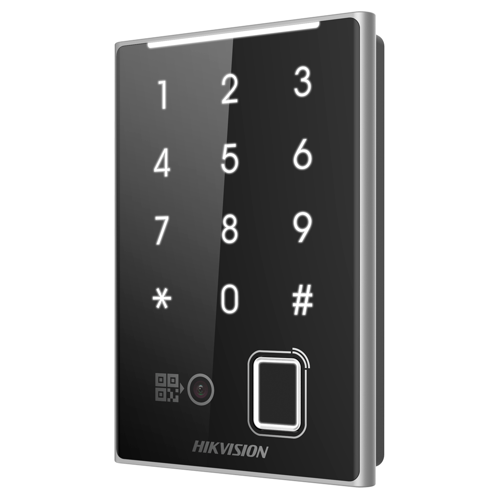 (DS-K1109DKFB-QR) Lecteur d'accès - Accès par empreinte digitale, carte MF DESFire, code QR et code PIN - Indicateur LED et sonore - Wiegand 26/34 | RS485 - Compatible avec les contrôleurs Hikvision - Apte pour extérieur IP65