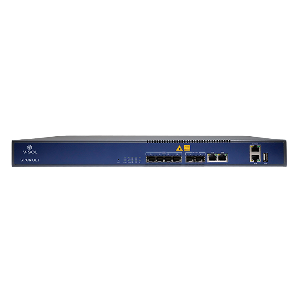 (VSOL-V1600G0-B) V-SOL 4 Puertos Pon Gpon OLT  - 2 Puertos RJ45 10/100/1000 Mbps +  Puerto SFP+ 1/10Gigabit - Hasta 128 ONT por equipo - Distancia de transmisión hasta 20 km - Enrutamiento Capa 3 ( NAT,DMZ,ACL,PPPOE,DHCP )  - Switching Capa 2 ( VLANs, MULTICAST, STP )
