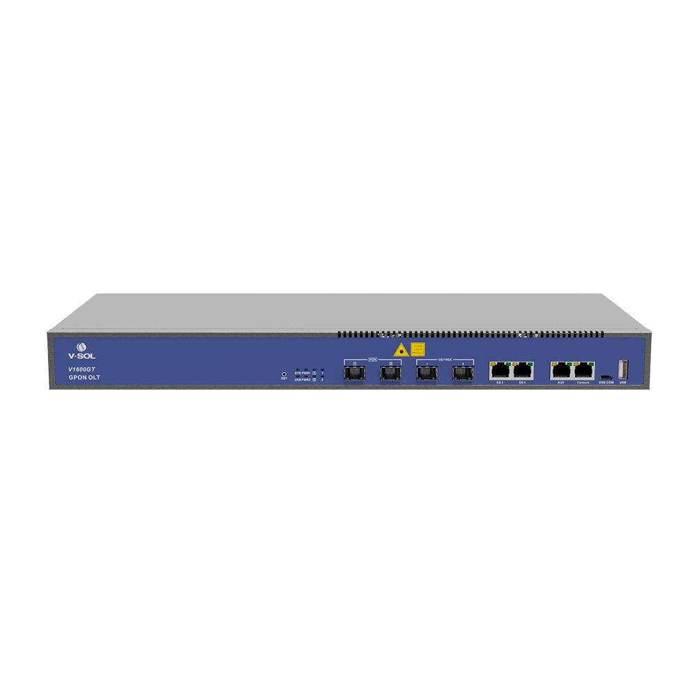 (VSOL-V1600GT) V-SOL 2 Puertos Pon Gpon OLT  - 2 Puertos RJ45 GE + 2 Puertos SFP+ ( GE/10GE ) - Hasta 128 ONT por equipo - Distancia de transmisión hasta 20 km - Enrutamiento Capa 3 ( NAT,DMZ,ACL,PPPOE,DHCP )  - Switching Capa 2 ( VLANs, MULTICAST, STP )