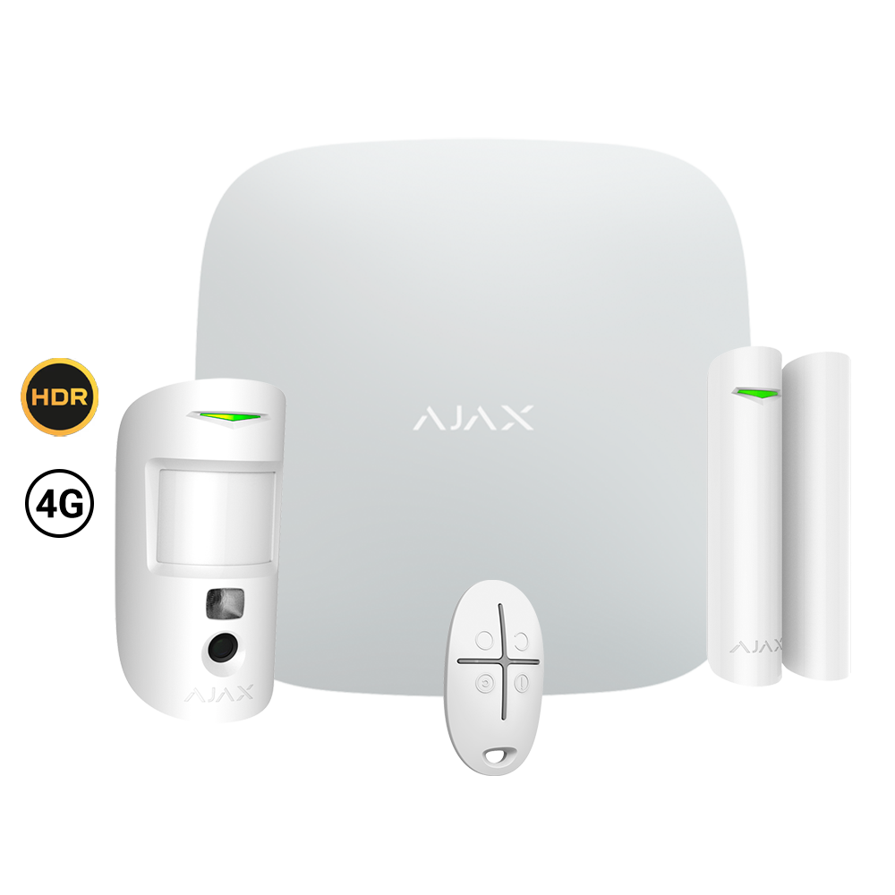 [AJ-STARTERKIT-CAM-HDR-4G-W] (AJ-STARTERKIT-CAM-HDR-4G-W) Kit d'alarme professionnelle - Certifié Grade 2 - Communication Ethernet et double SIM 4G (LTE) - Sans fil 868 MHz Jeweller et Wings - Ajax HUB 2, 1 PIRCAM HDR - 1 Contact magnétique et 1 télécommande