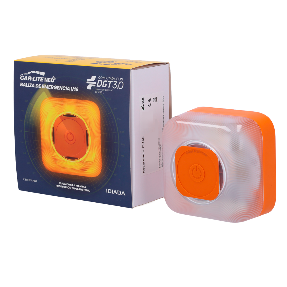(BALIZA-V16-DGT) Baliza compatible con plataforma DGT 3.0 - Luz de emergencia 360º visible hasta 1km - Protección IP54 - Activación con solo 1 botón - Base imantada con alta adherencia - 4 pilas AA intercambiables sin herramienta