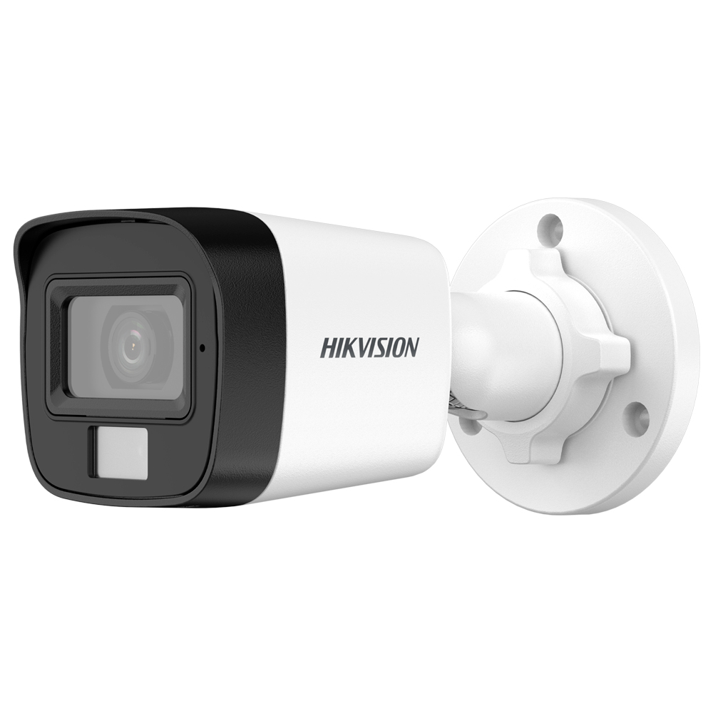 (DS-2CE16G0T-LPFS(2.8mm)) Caméra Bullet Hikvision 4en1 Gamme Value - Resolution 2K (2304x1296) - Objectif 2.8 mm - Lumière hybride (IR 25 m, lumière blanche 20 m) - Audio par câble coaxial | Microphone intégré - Imperméabilité IP67 | Plastique