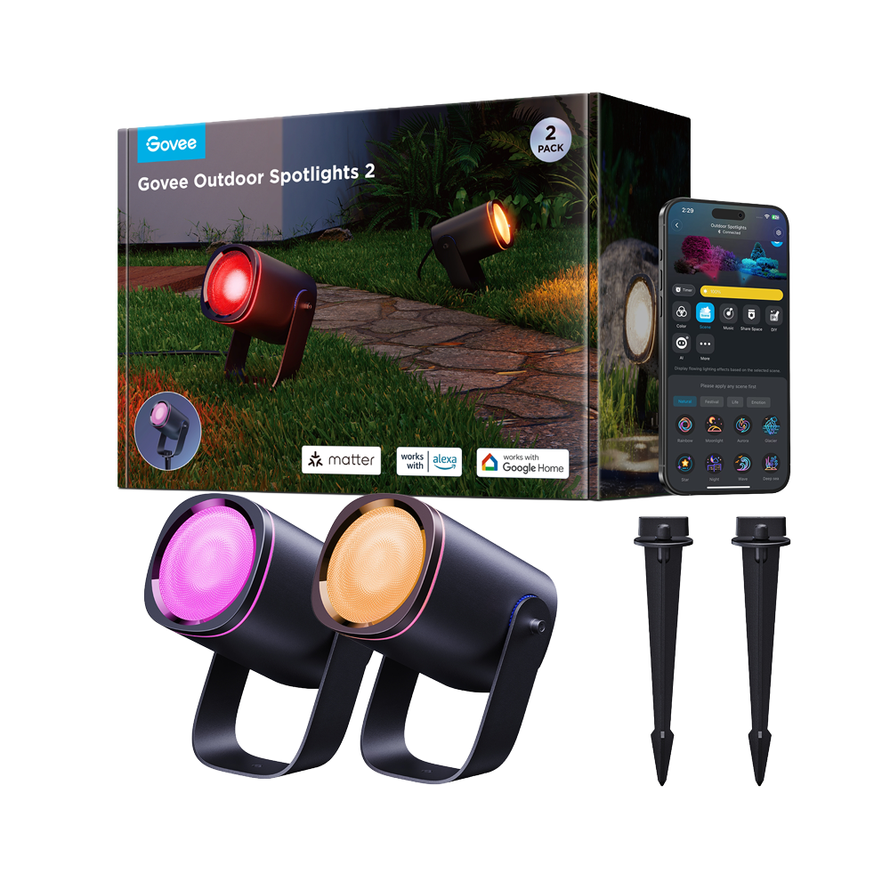 (GV-OUT-H7093-SPOT-IP67) Pack Govee 2 ampoules LED - Wi-Fi 2.4 GHz + Bluetooth  - Couleur segmentée + blanc chaud/froid - Intensité 700 lumens - Matter / Homekit / Alexa / Google Home - Pour usage extérieur / IP67