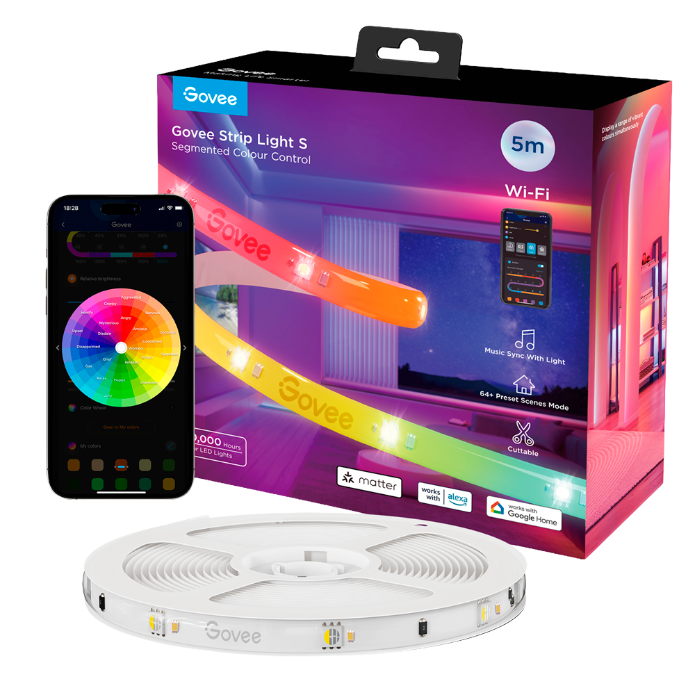 (GV-STRIP-H612A-5M-RGBIC-MATTER) Bande LED intelligente 5 m - Wi-Fi 2.4 GHz + Bluetooth  - Couleur segmentée + blanc - Intensité 180 lumens/m - Matter / Homekit / Alexa / Google Home - Pour intérieur