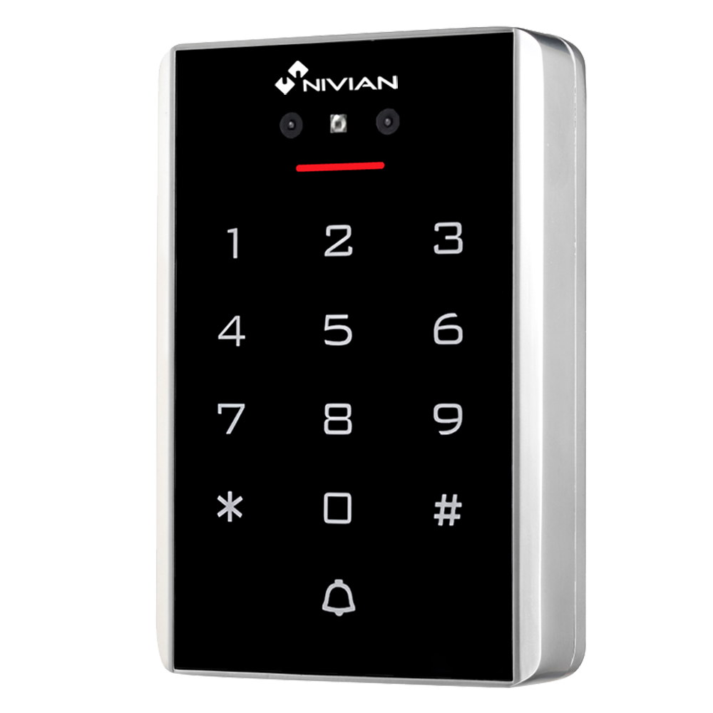 (NVS-ACCESS-PIN-RFID-FACE-W) Contrôle d'accès autonome Nivian - Accès facial, carte EM, PIN et APP - Sortie relais, bouton-poussoir et sonerie - Wiegand 26 et WiFi | Contôle de temps - App Tuya Smart pour la gestion et les ouvertures à distance - Apte pour extérieur IP68