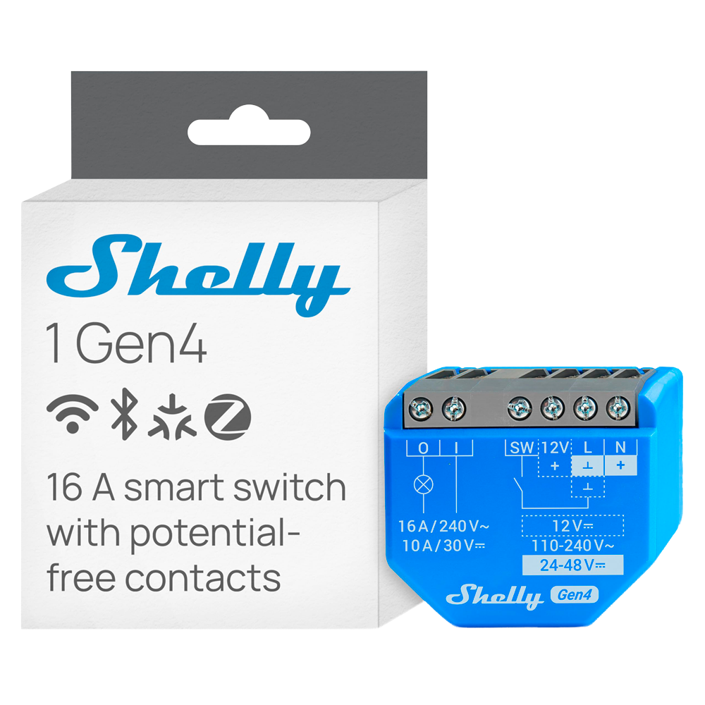 (SH-1-GEN4) Shelly 1 Gen4 - WiFi 2.4 GHz / Bluetooth / Zigbee -  Interruptor inteligente  - Soporta 110-240 V~24-48 V⎓12 V⎓ - Ofrece contactos secos - Compatible con Alexa y Google