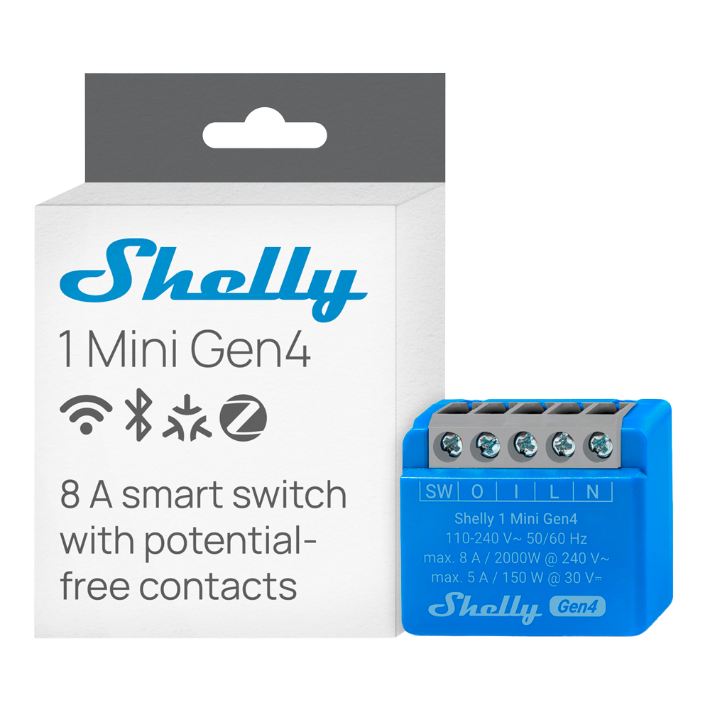 (SH-1-MINI-GEN4) Shelly 1 Mini Gen4 - WiFi 2.4 GHz / Bluetooth / Zigbee -  Interruptor inteligente  - Soporta 110-240 V~24-48 V⎓12 V⎓ - Ofrece contactos secos - Compatible con Alexa y Google