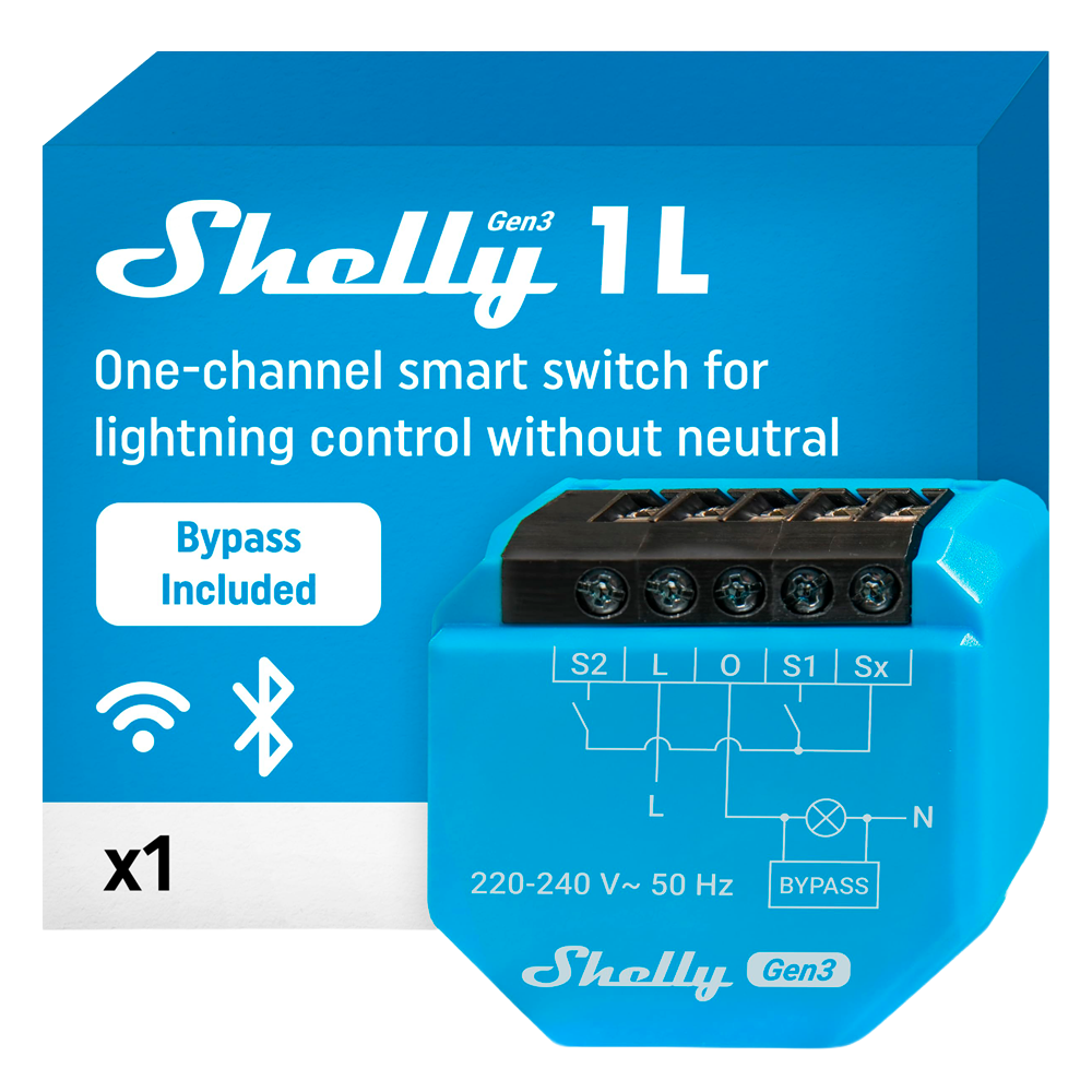 (SH-1L-GEN3) Shelly 1L Gen3 - WiFi 2.4 GHz IEEE802.11 b/g/n / Bluetooth -  Interruptor inteligente / Sin Neutro - Soporta 220-240 V~50Hz - Bypass 1L/2L - Compatible con Alexa y Google
