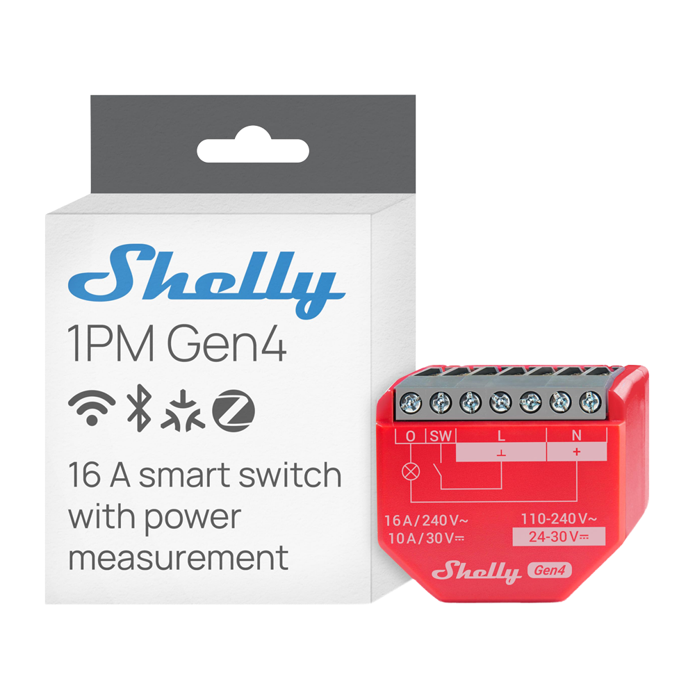 (SH-1PM-GEN4) Shelly 1PM Gen4 - WiFi 2.4 GHz / Bluetooth / Zigbee -  Interruptor inteligente  - Soporta 110-240 V~24-48 V⎓12 V⎓ - Ofrece contactos secos - Compatible con Alexa y Google
