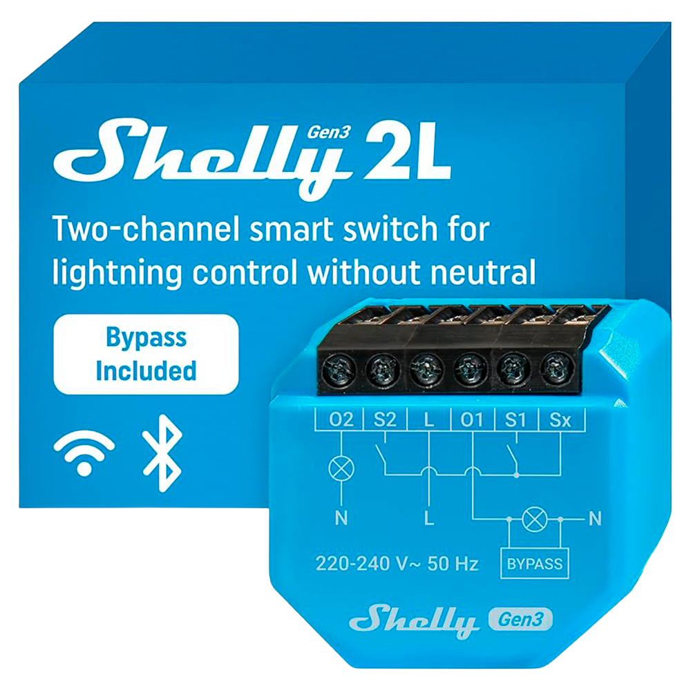 (SH-2L-GEN3) Shelly 2L Gen3 - WiFi 2.4 GHz IEEE802.11 b/g/n / Bluetooth -  Interruptor inteligente / Sin Neutro - Soporta 220-240 V~50Hz - Bypass 1L/2L - Compatible con Alexa y Google
