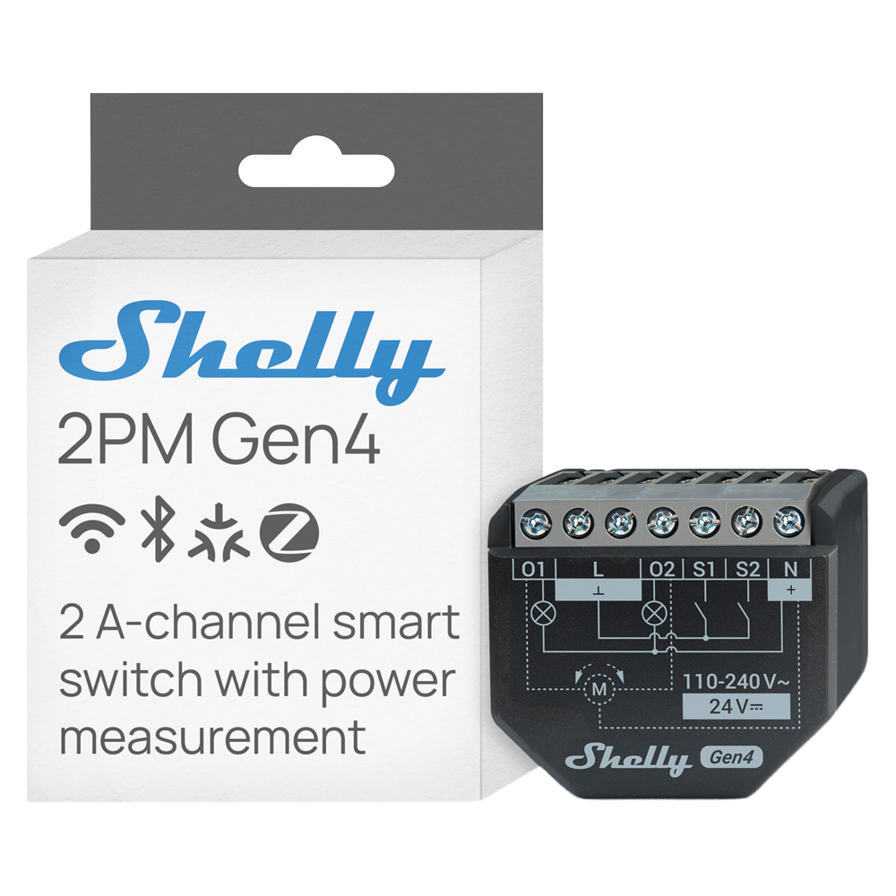 (SH-2PM-GEN4) Shelly 2PM Gen4 - WiFi 2.4 GHz / Bluetooth / Zigbee -  Interruptor inteligente  - Soporta 110-240 V / 24V - Controlador de persianas - Compatible con Alexa y Google